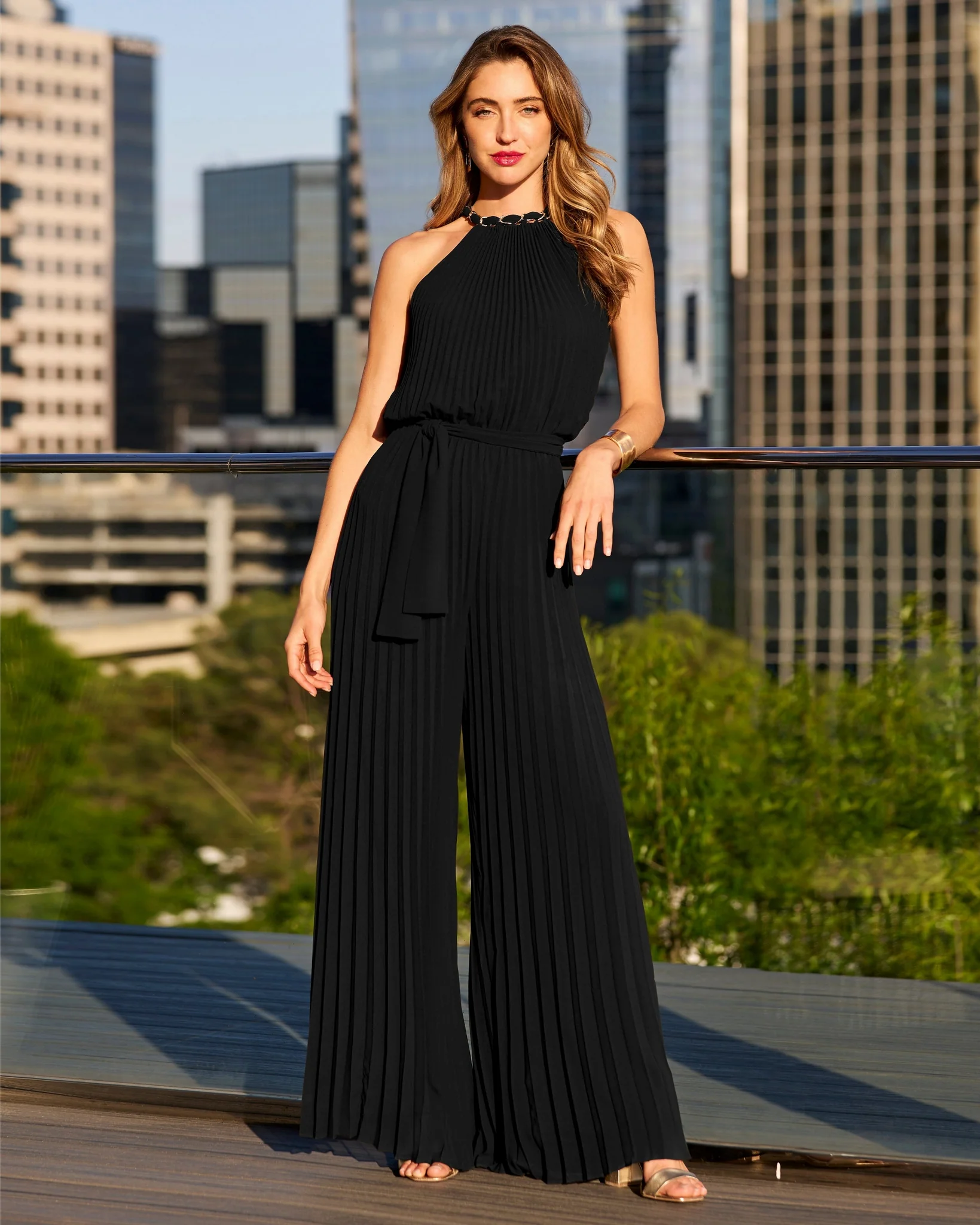 Chain Detail High Neck Pleated Jumpsuit Black - Futureuc