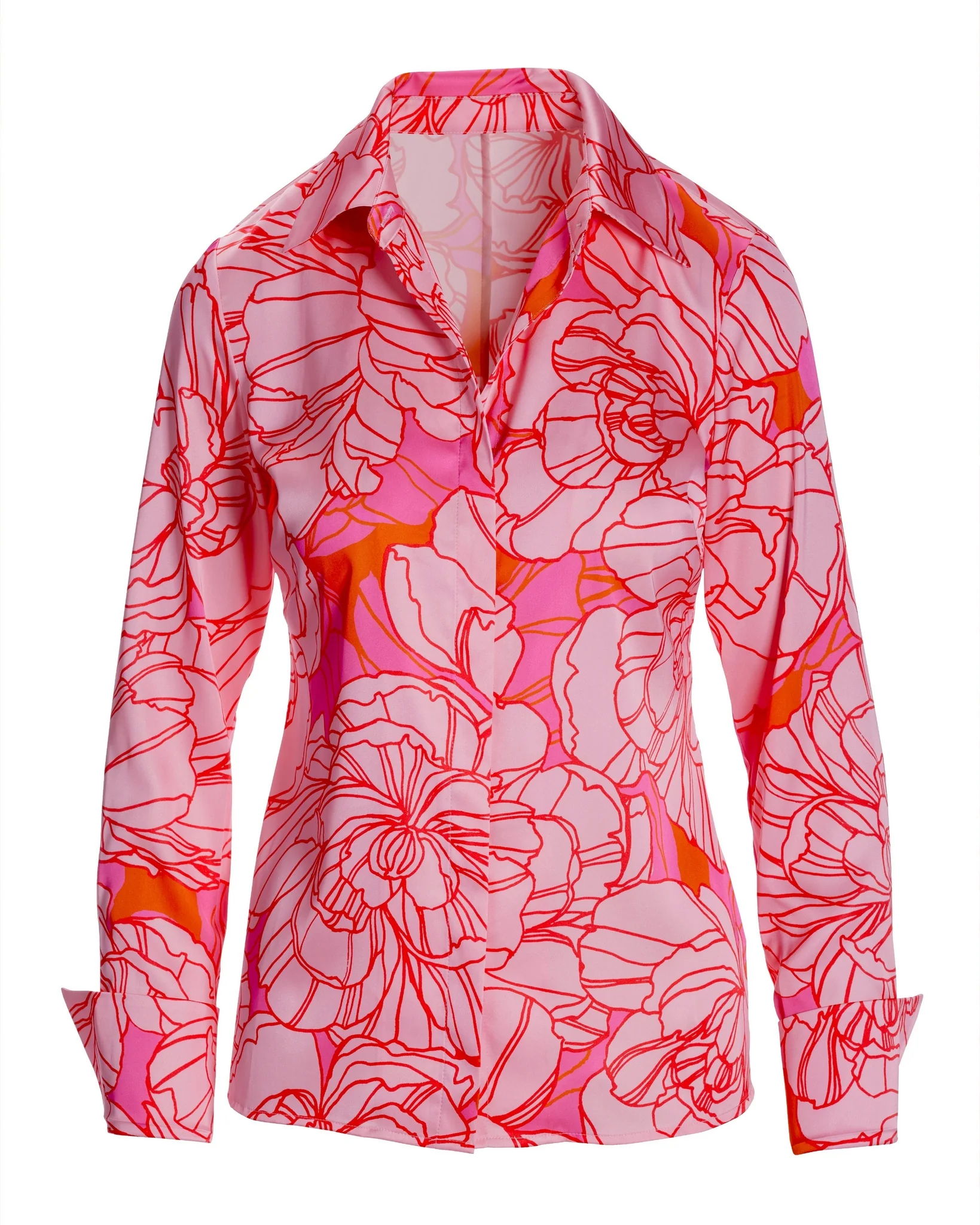 Blooming Outlines Print Sophia Button Up Charmeuse Blouse Pink - Futureuc