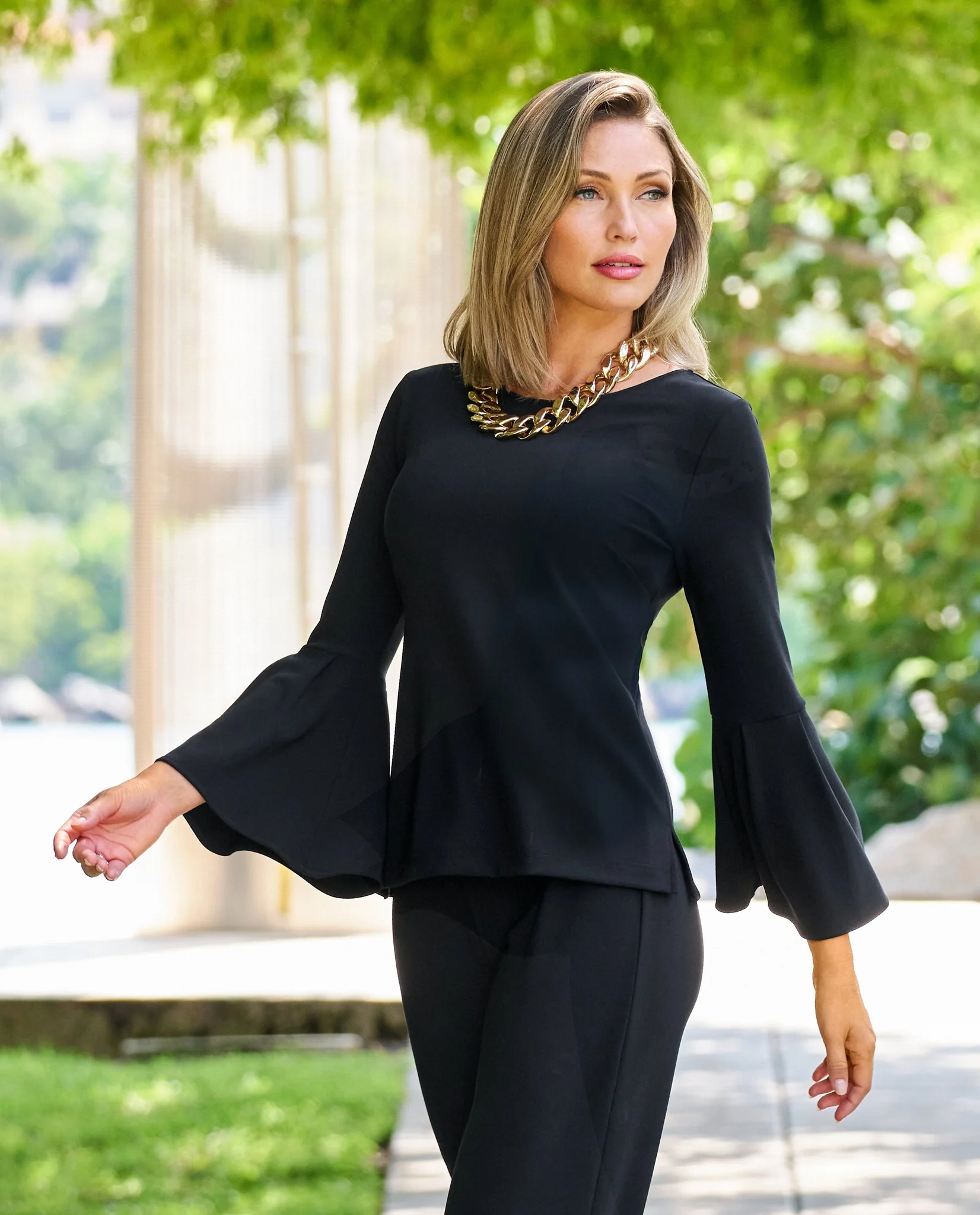 Beyond Travel Crew Neck Bell Sleeve Top Jet Black - Futureuc