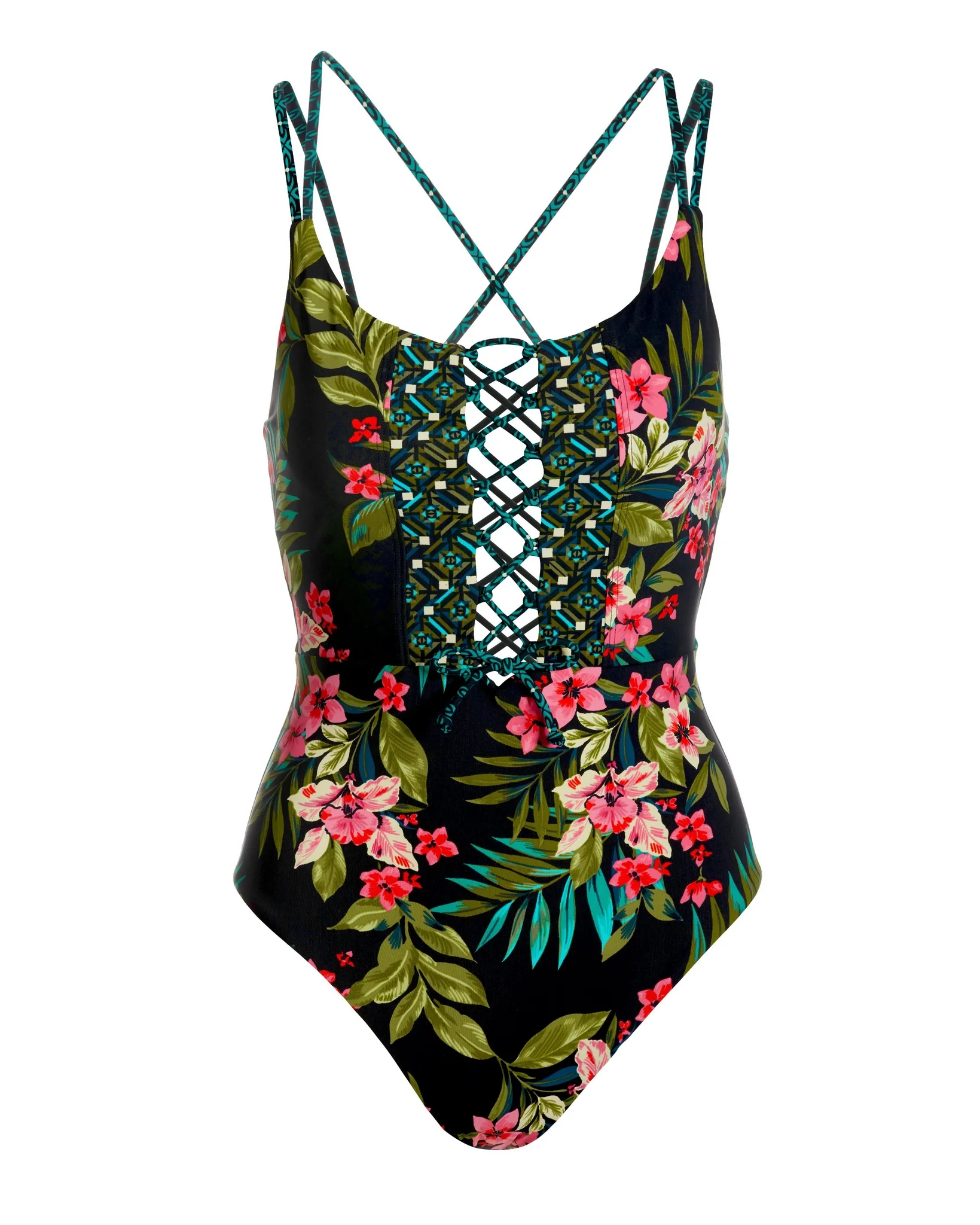 Tropical Lace-Up Plunge One-Piece Swimsuit Black Multi - Futureuc