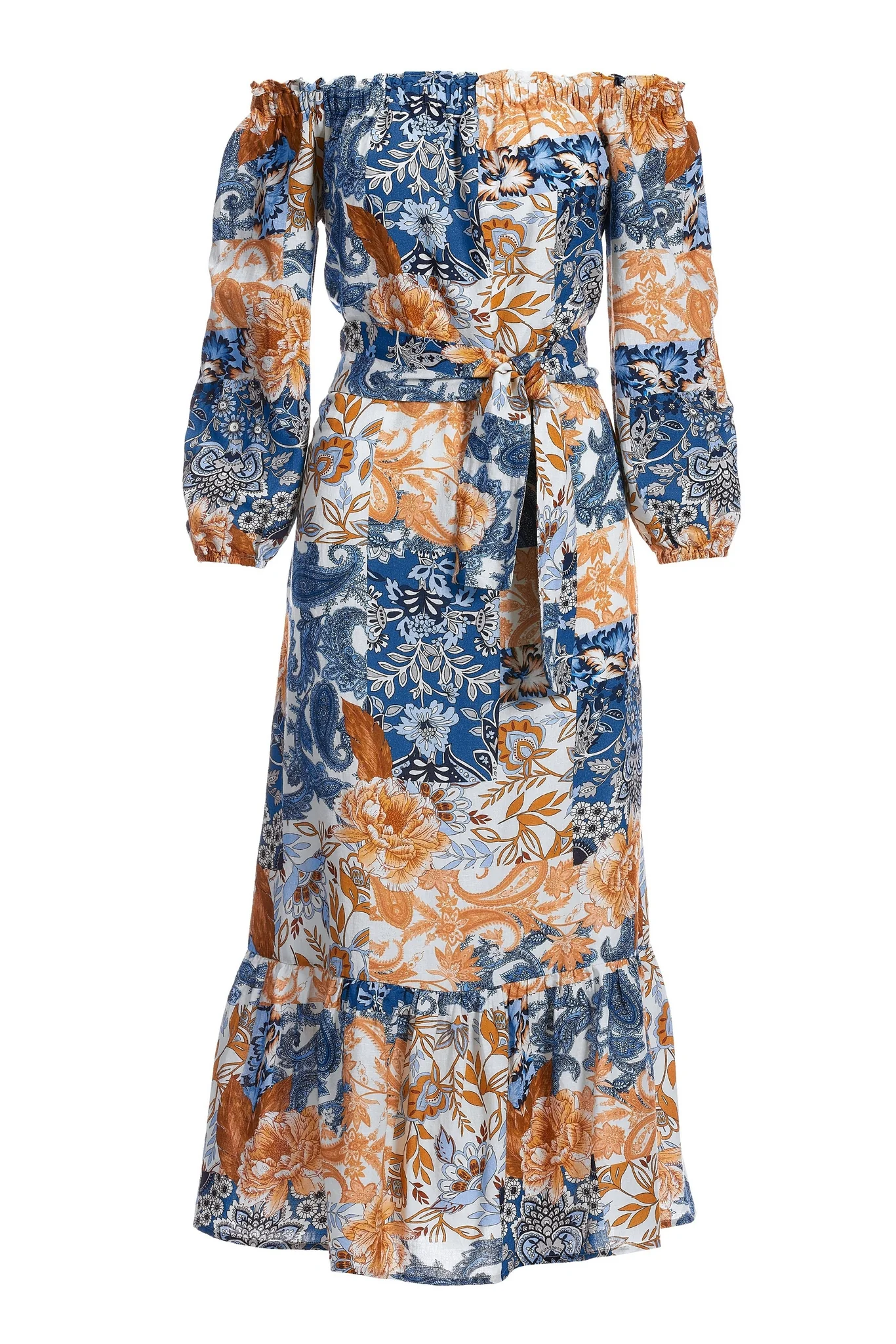 Arizona Patchwork Print Off The Shoulder Linen Midi Dress Multi - Futureuc