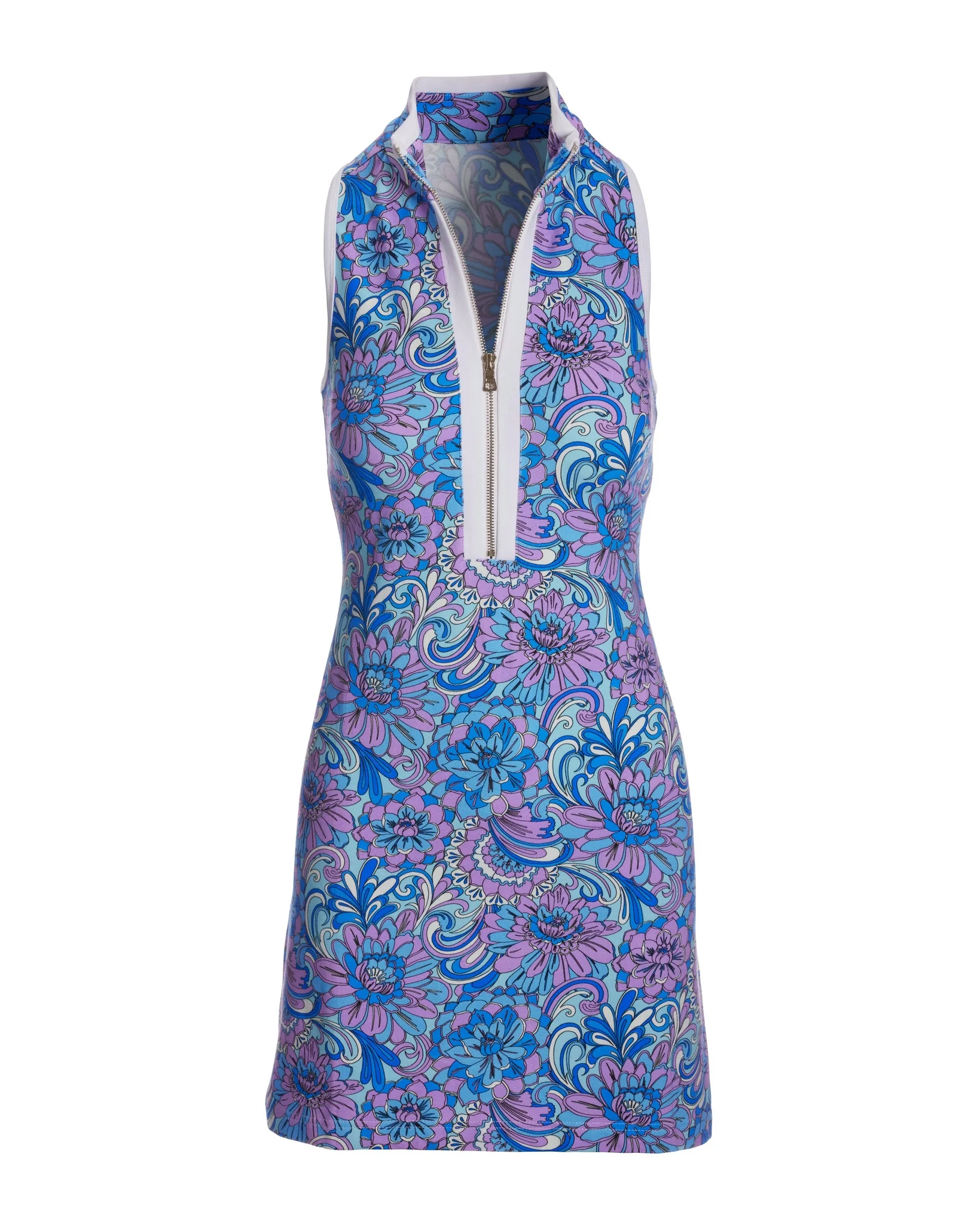 Abstract Floral Sleeveless Chic Zip Dress Blue - Futureuc
