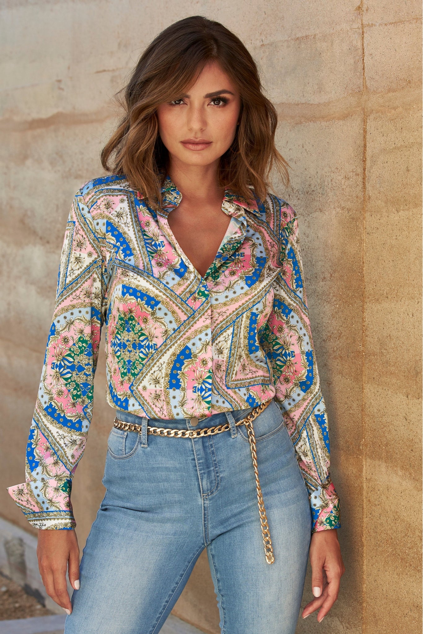 Baroque Scroll Print Sophia Button Up Charmeuse Blouse Pink Icing Multi - Futureuc