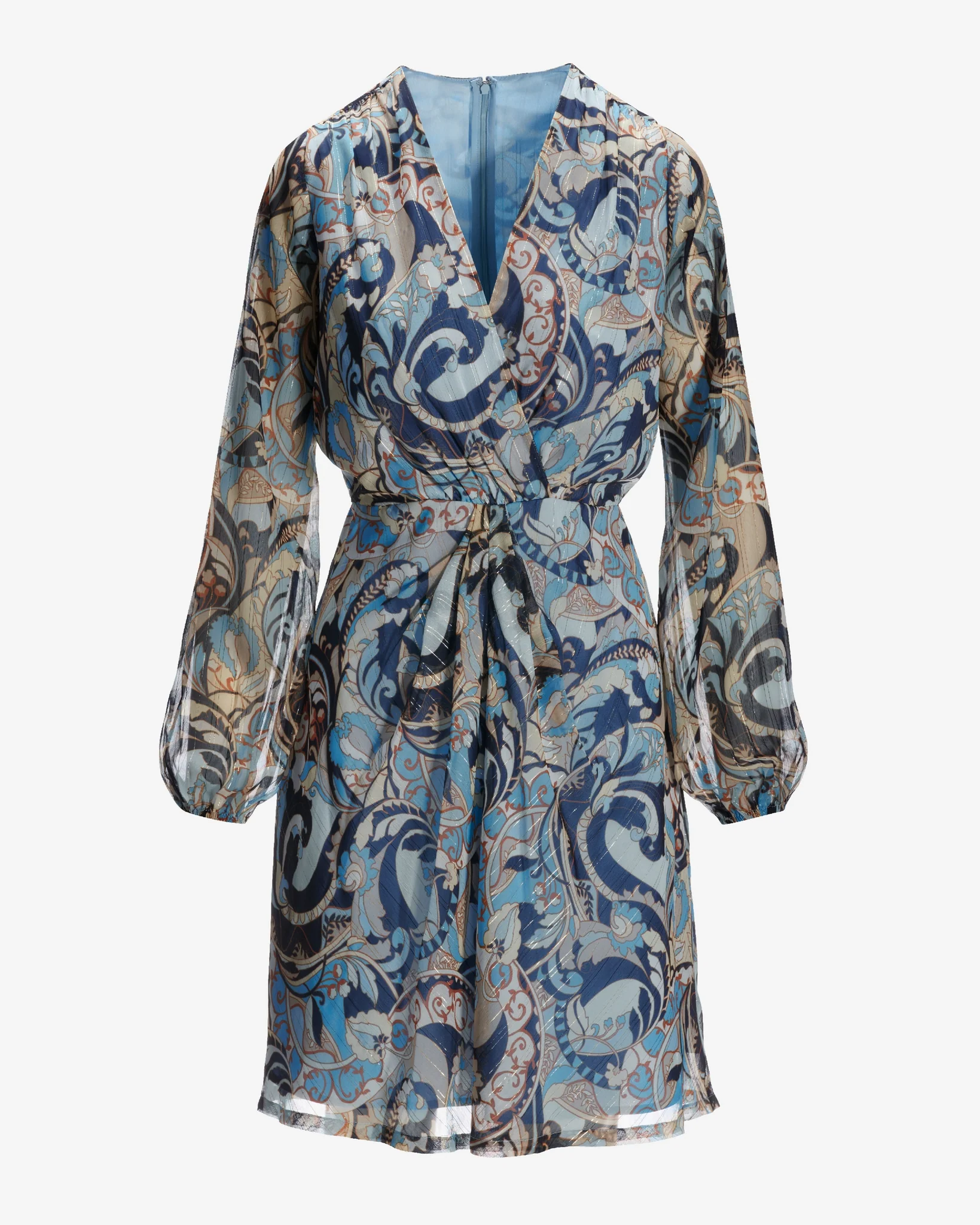 Autumn Paisley V Neck Twist Detail A Line Dress Blue/Neutral - Futureuc