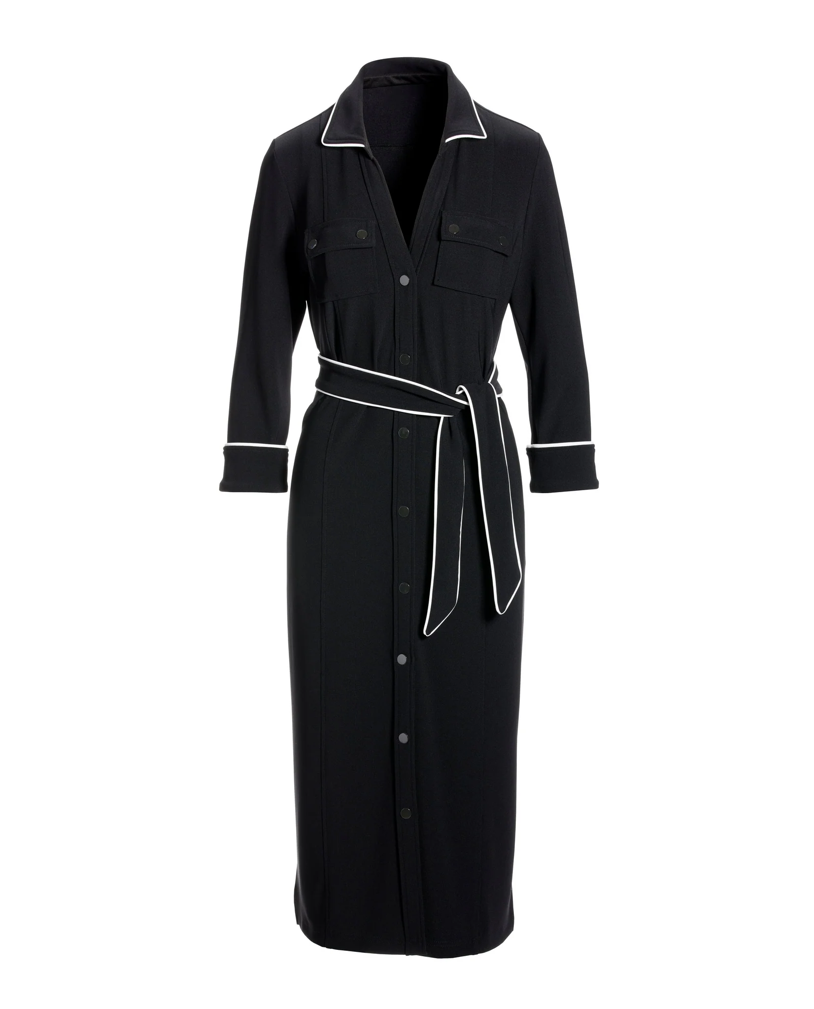 Beyond Travel Piped Button Front Collared Midi Dress Jet Black/Ivory Coast - Futureuc