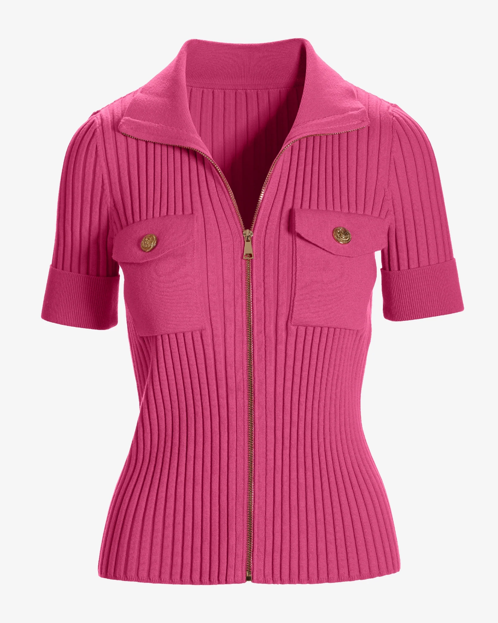 Wide Rib Zip Up Sweater Top Shocking Pink - Futureuc