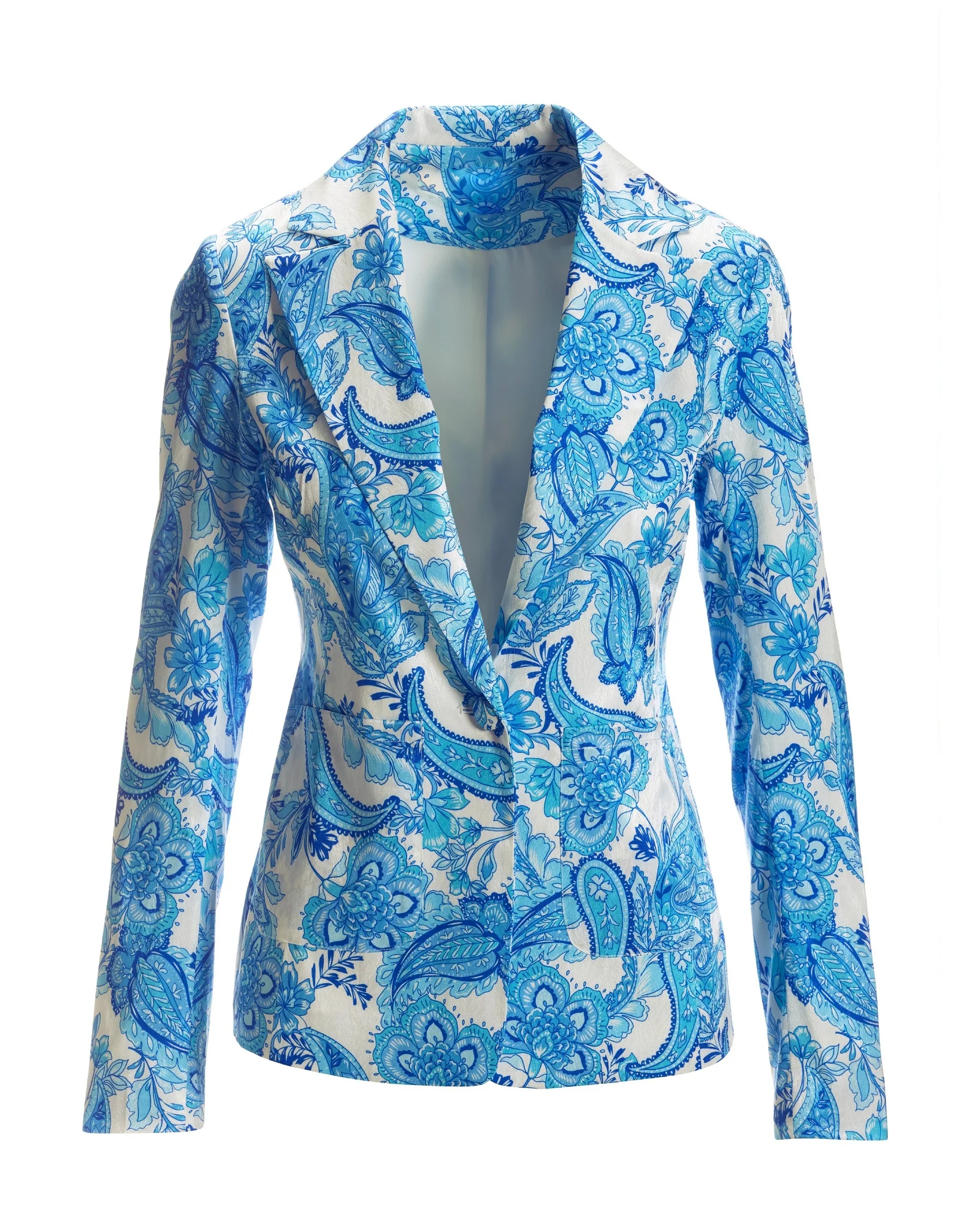 Blue Wave Paisley Print Single-Button Textured Satin Blazer Blue - Futureuc