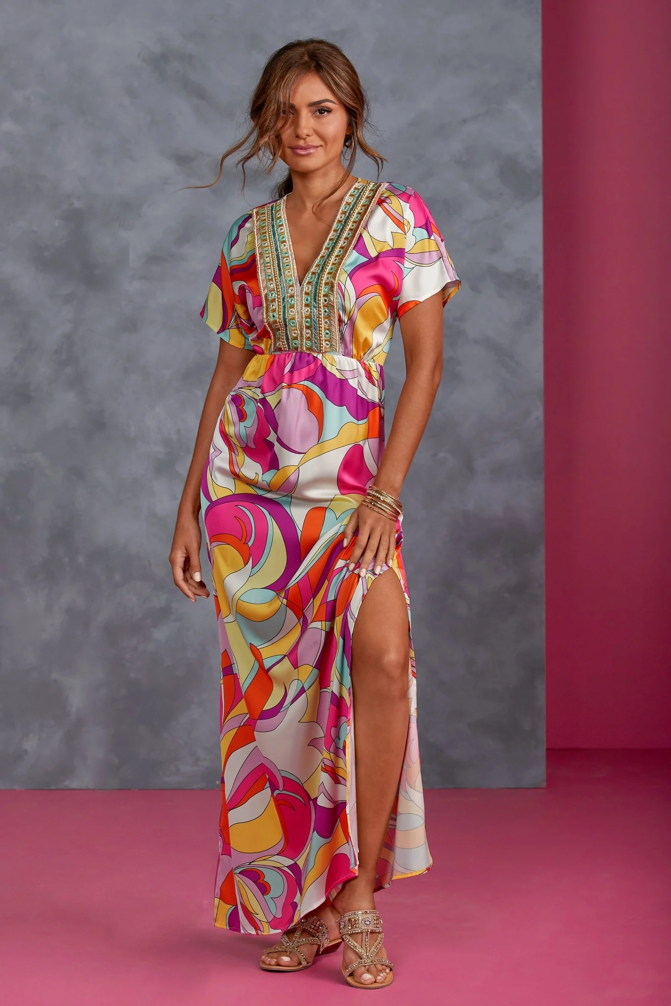 Abstract Print Embellished Maxi Dress Hamptons Swirl - Futureuc
