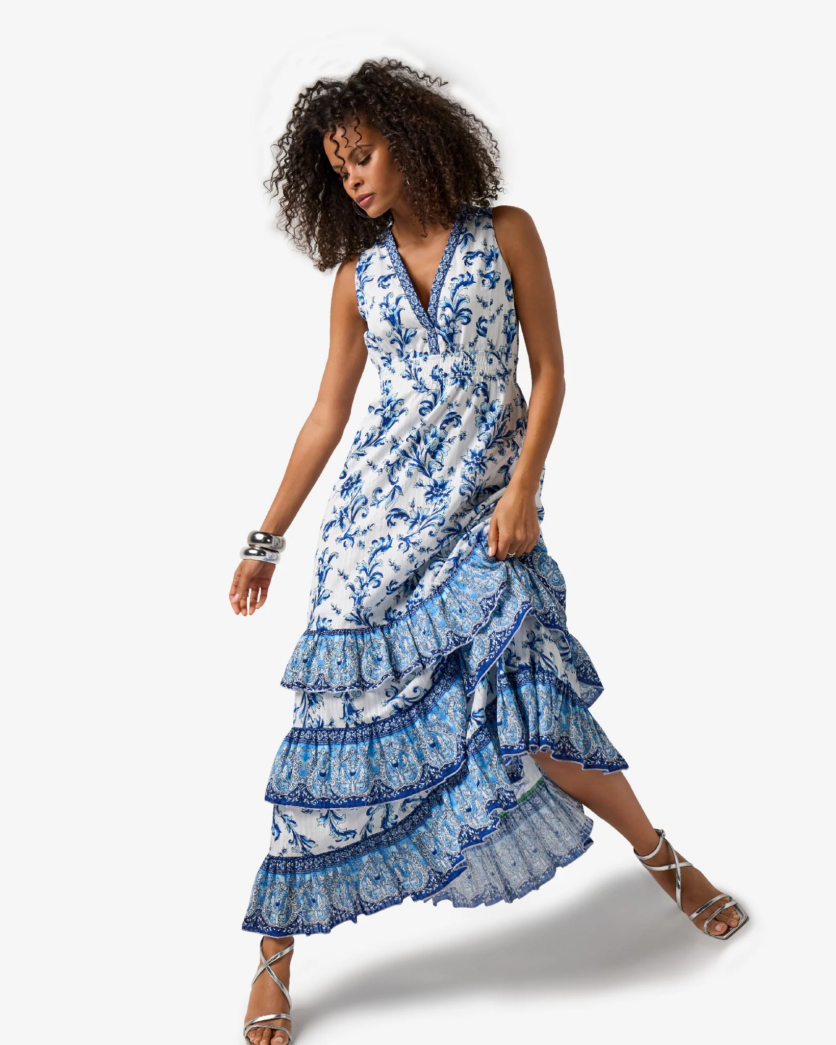 Antique Scrolls Border Print Tiered Maxi Dress Antique Scrolls - Futureuc