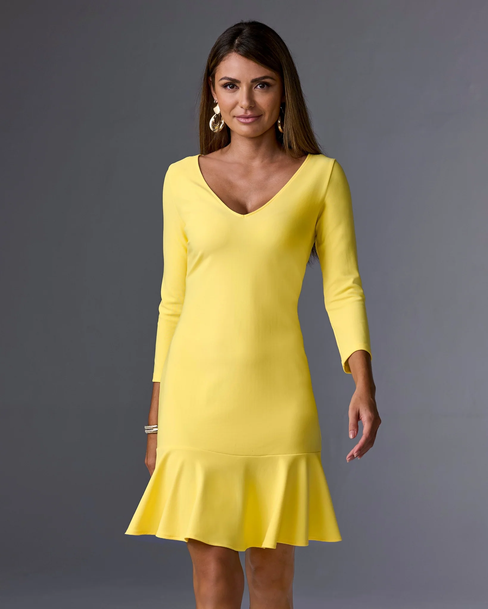 Beyond Travel Three Quarter Sleeve Flounce Dress Lemon Drop - Futureuc