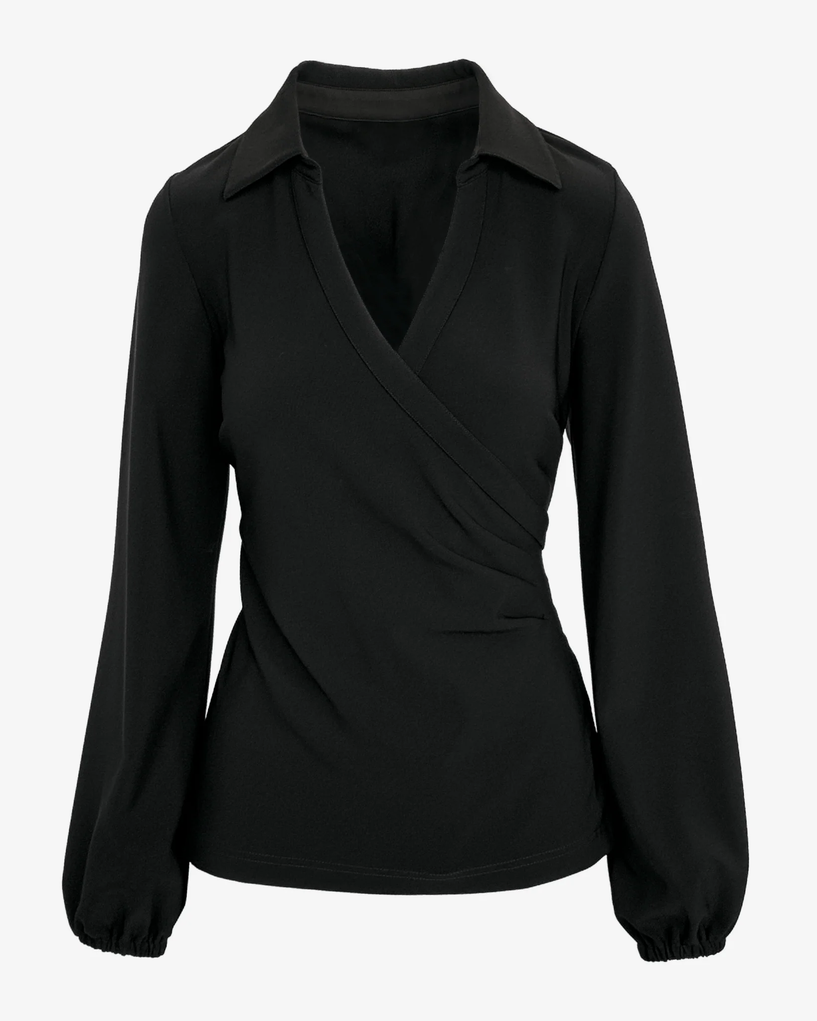 Beyond Travel Long-Sleeve Collared Wrap Top Jet Black - Futureuc