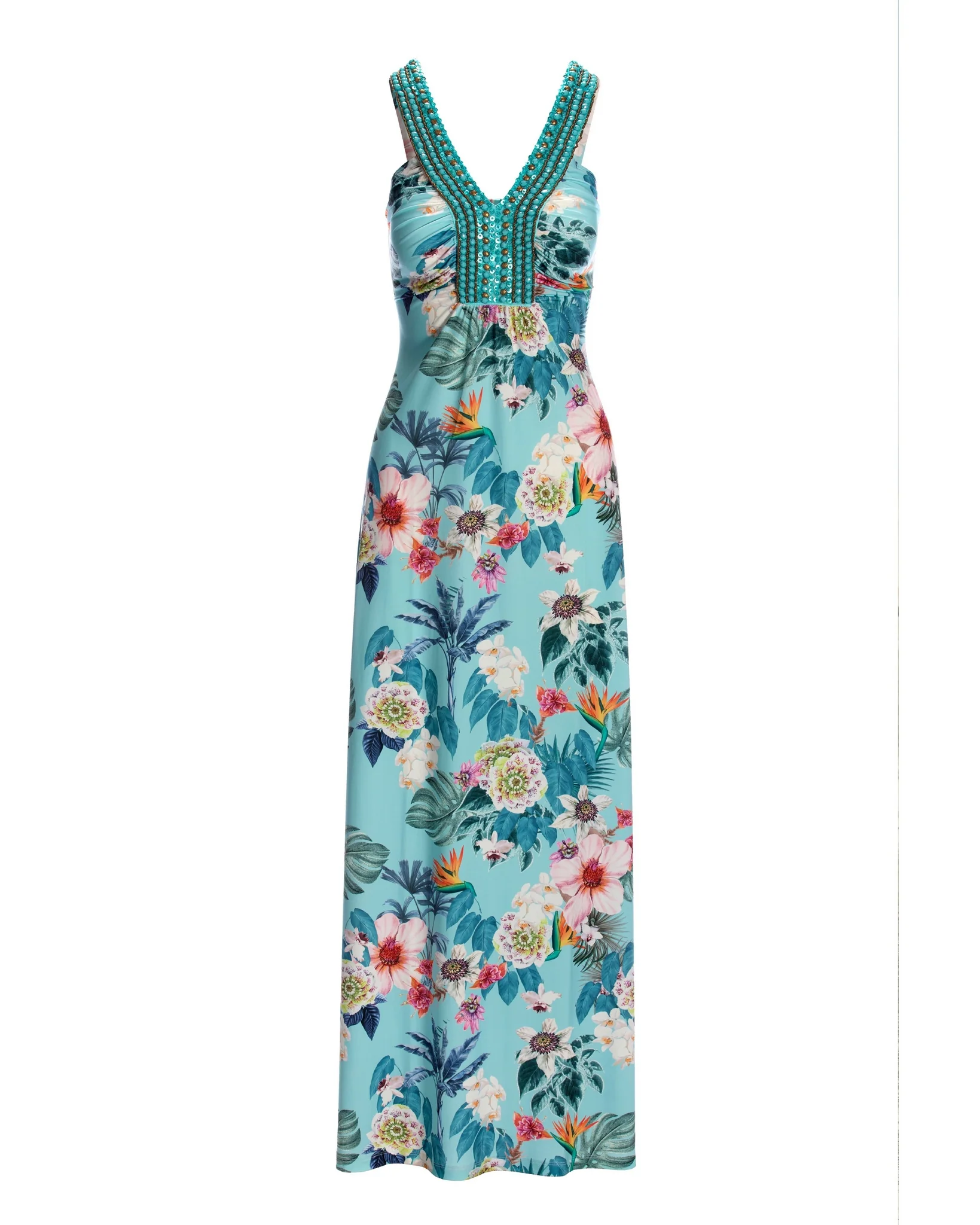 Barcelona Florals Print Embellished Knit Maxi Dress Aqua - Futureuc