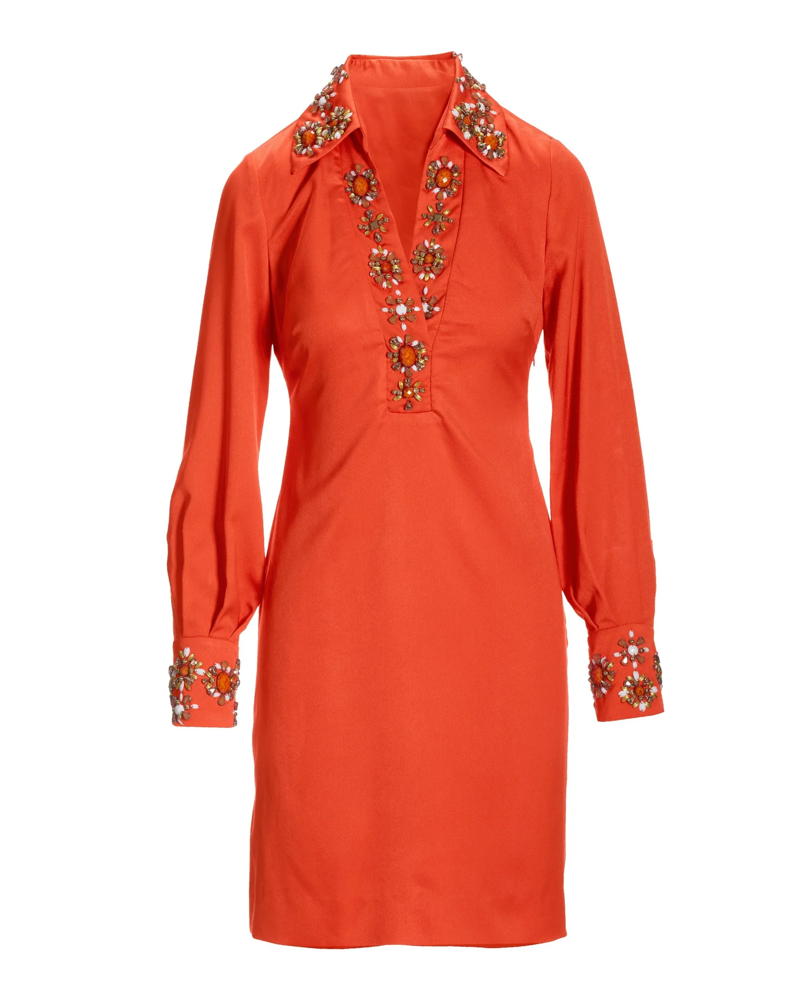 Beaded Embellished Trim Collared Tunic Dress Flame - Futureuc