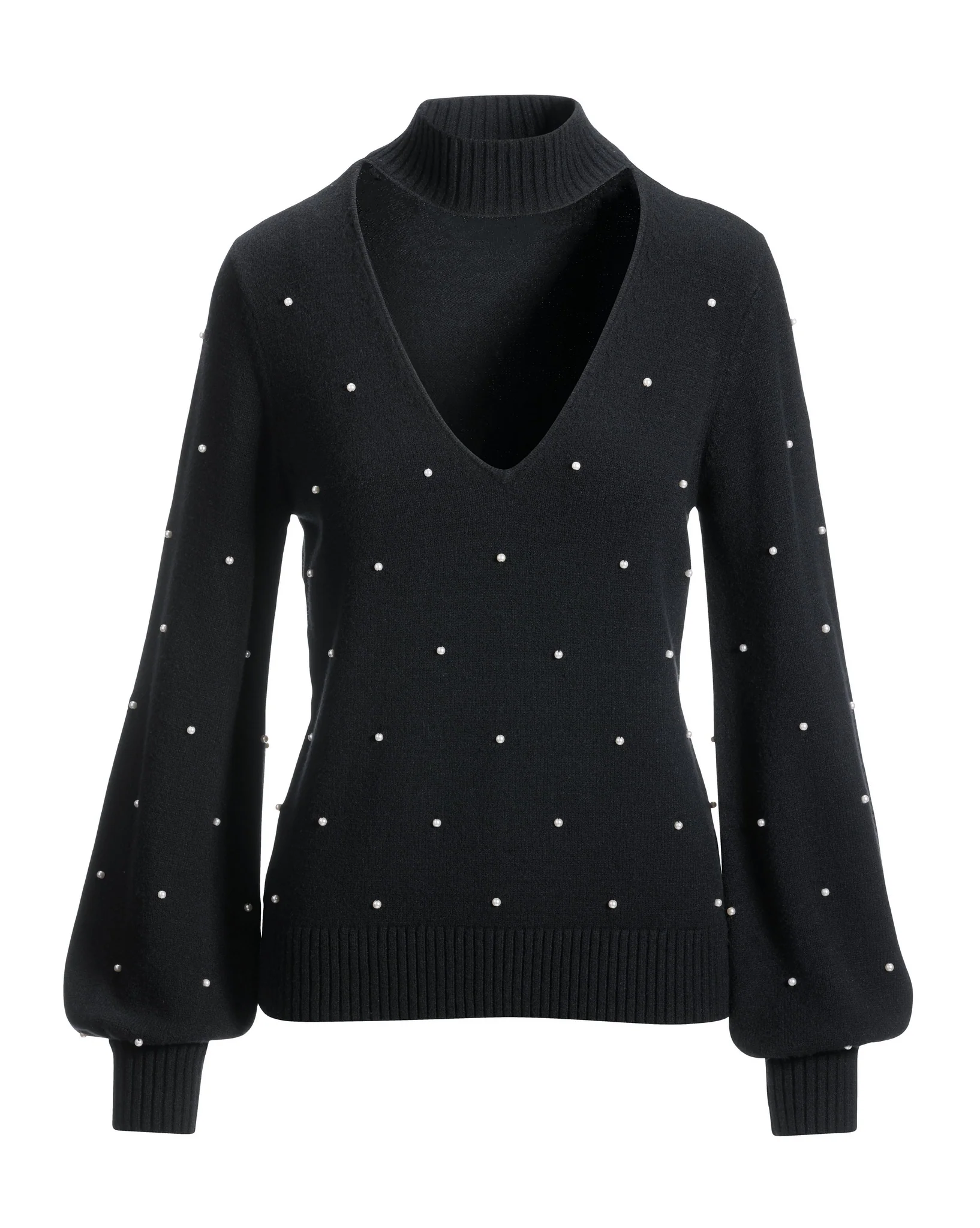 All Over Pearl Embellished Keyhole Sweater Black - Futureuc