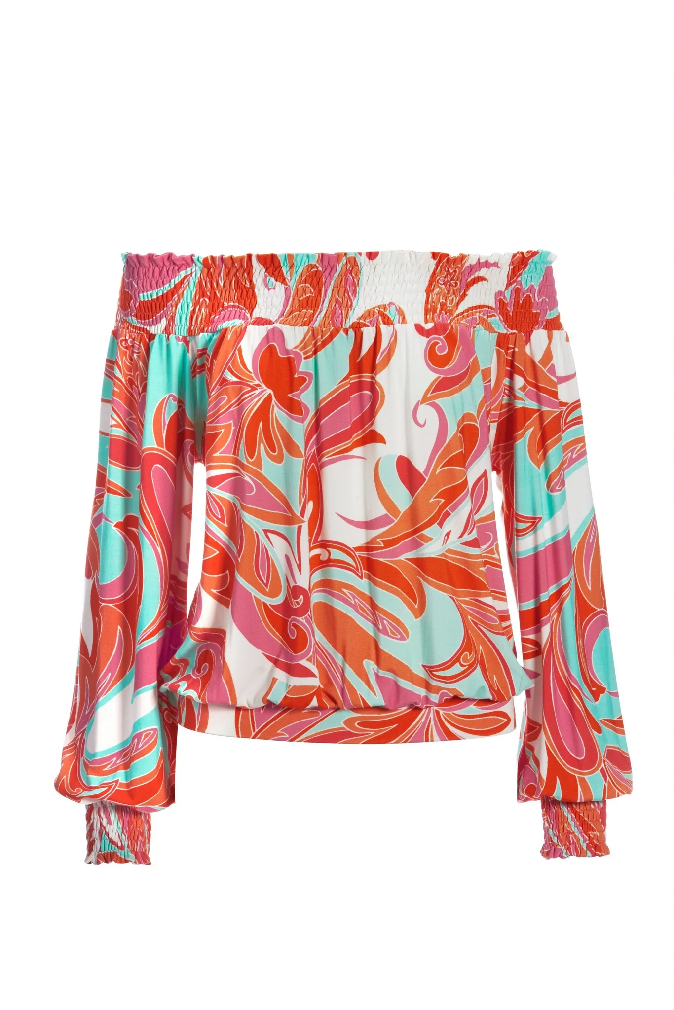 Abstract Floral Off The Shoulder Knit Top Orange Multi - Futureuc