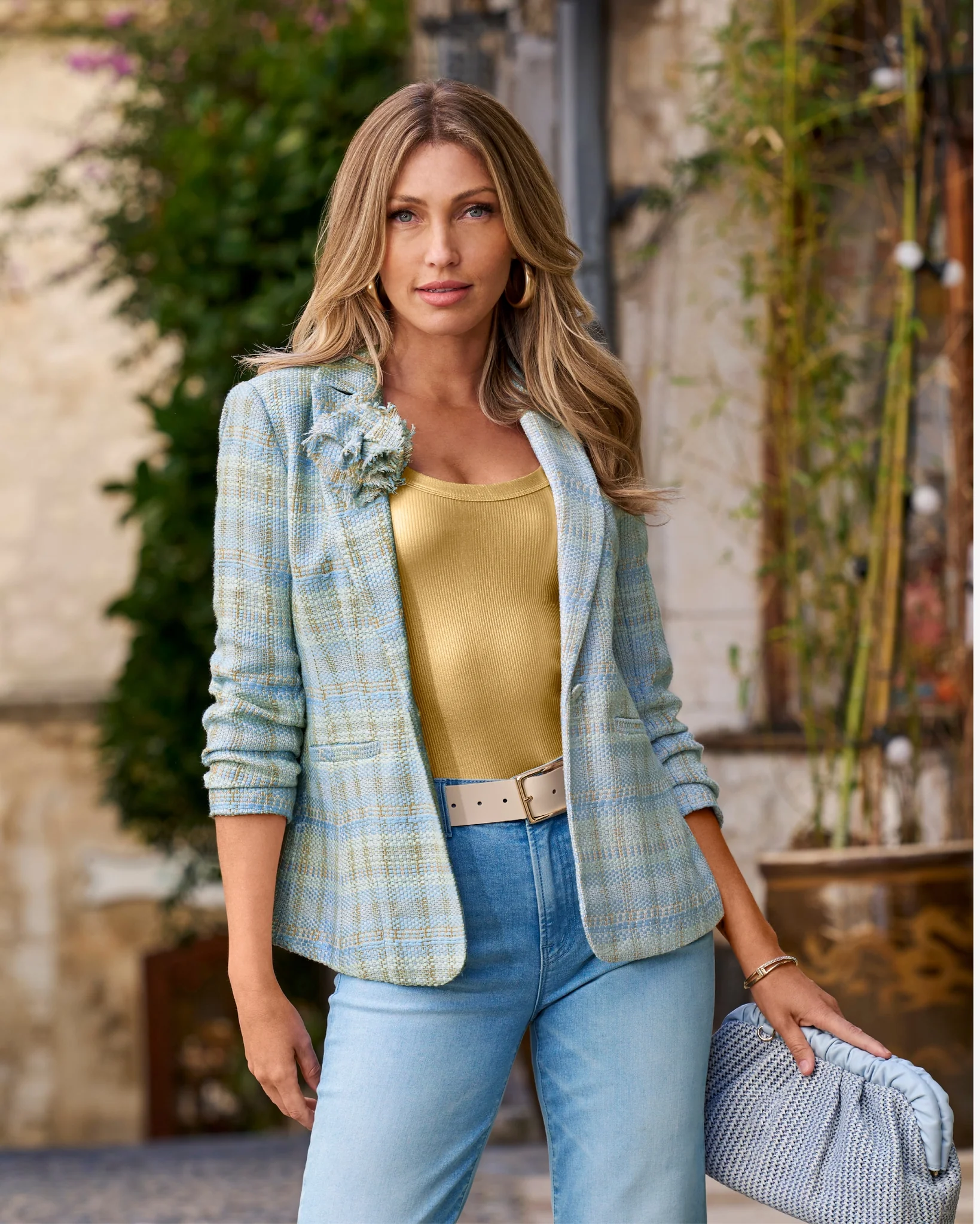 Tweed Ruched Sleeve Single Button Blazer Blue Multi - Futureuc