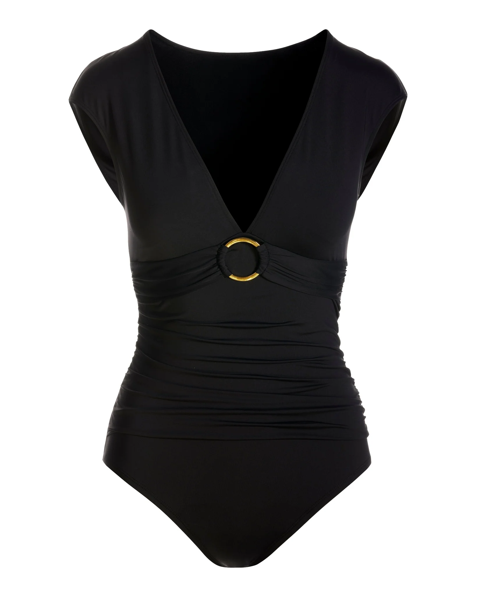 Cap-Sleeve Ring Detail One-Piece Swimsuit Black - Futureuc