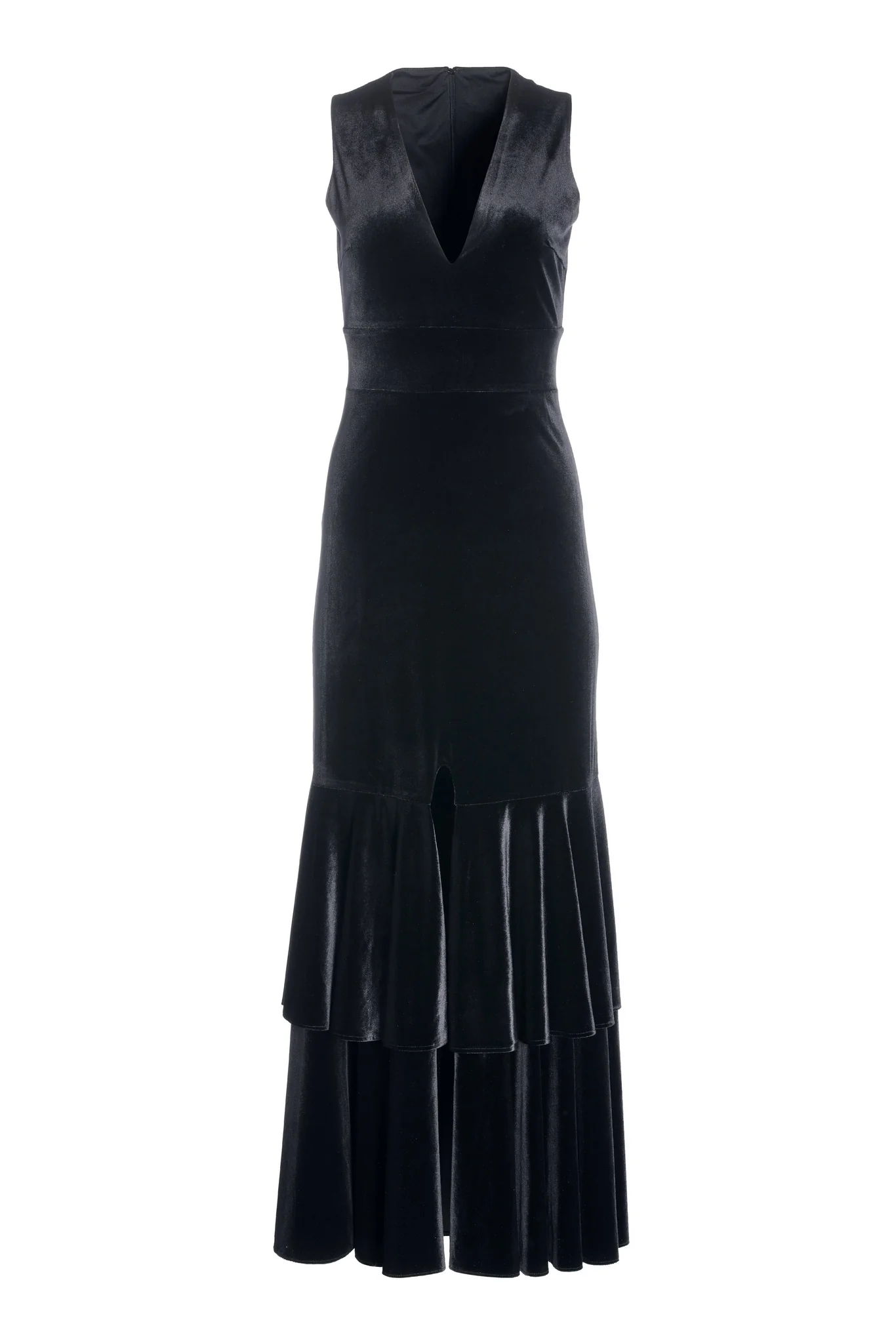 Velvet V Neck Ruffle Hem Gown Black - Futureuc