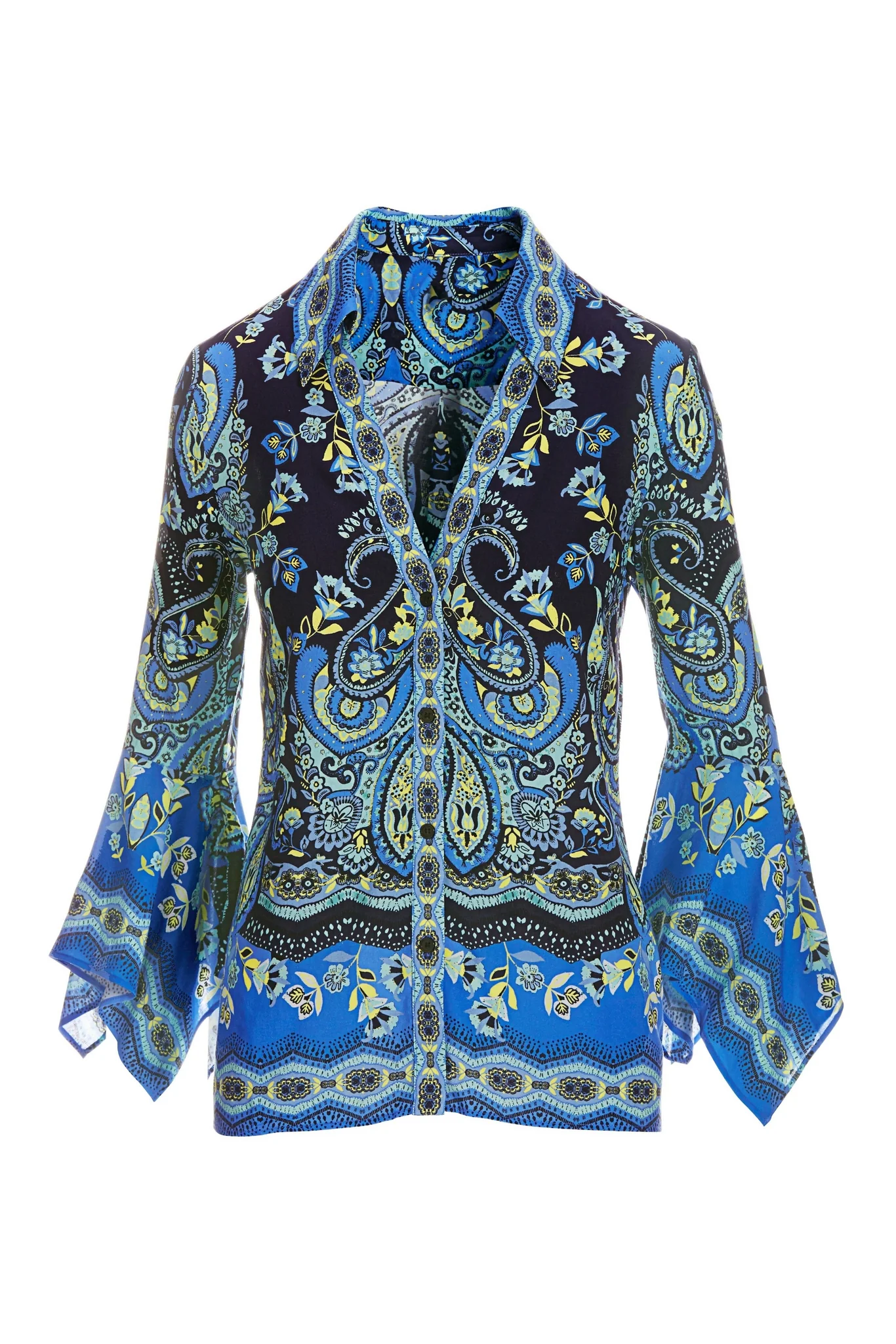 Border Print Flare Sleeve Shirt Blue - Futureuc