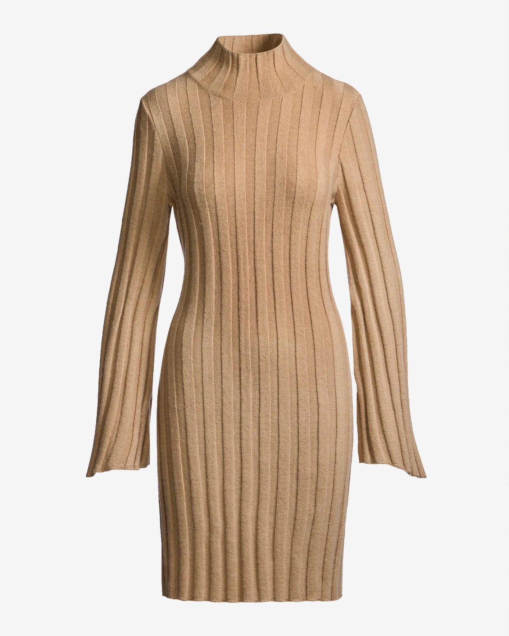 Turtleneck Bell Sleeve Wide Rib Sweater Dress Camel - Futureuc