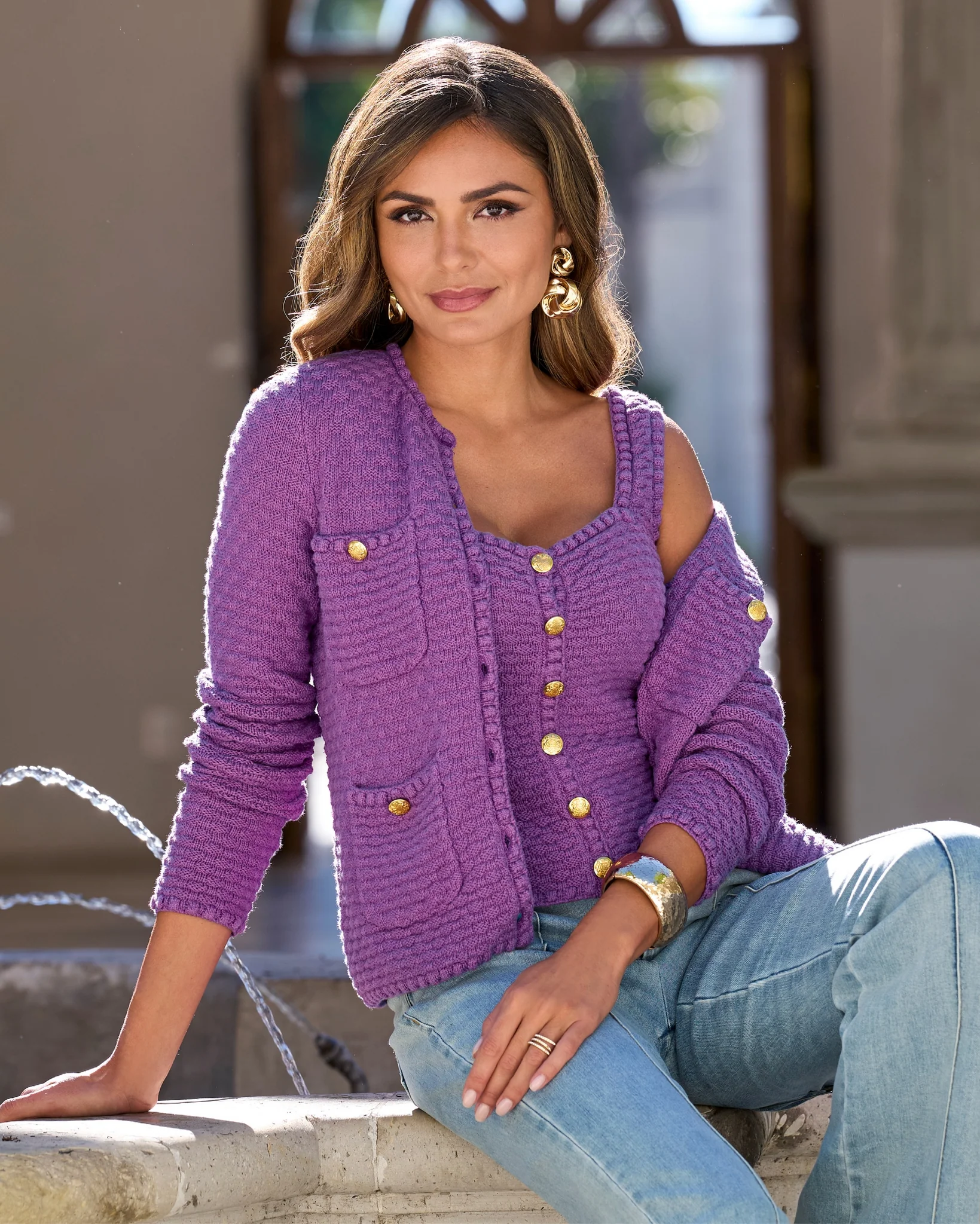 Button Detail Pocket Sweater Cardigan Amethyst Orchid - Futureuc
