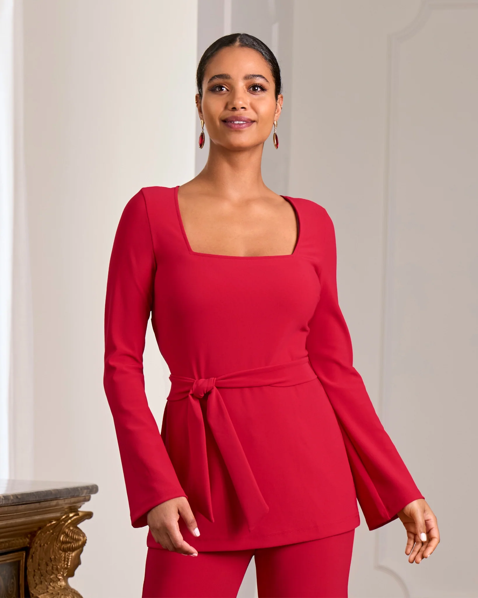 Beyond Travel Square Neck Tie Waist Top French Kiss - Futureuc