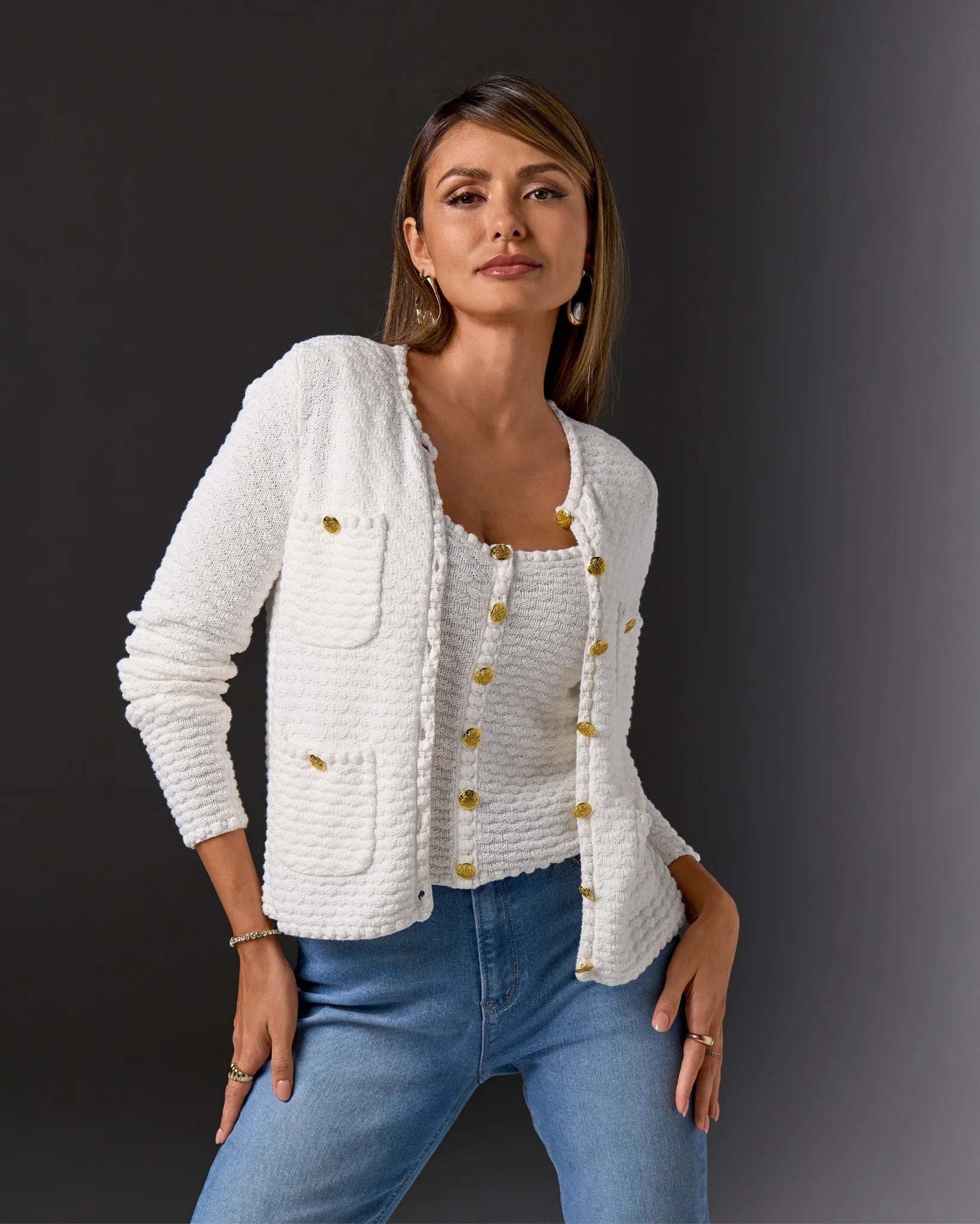 Button Detail Pocket Sweater Cardigan Off White - Futureuc