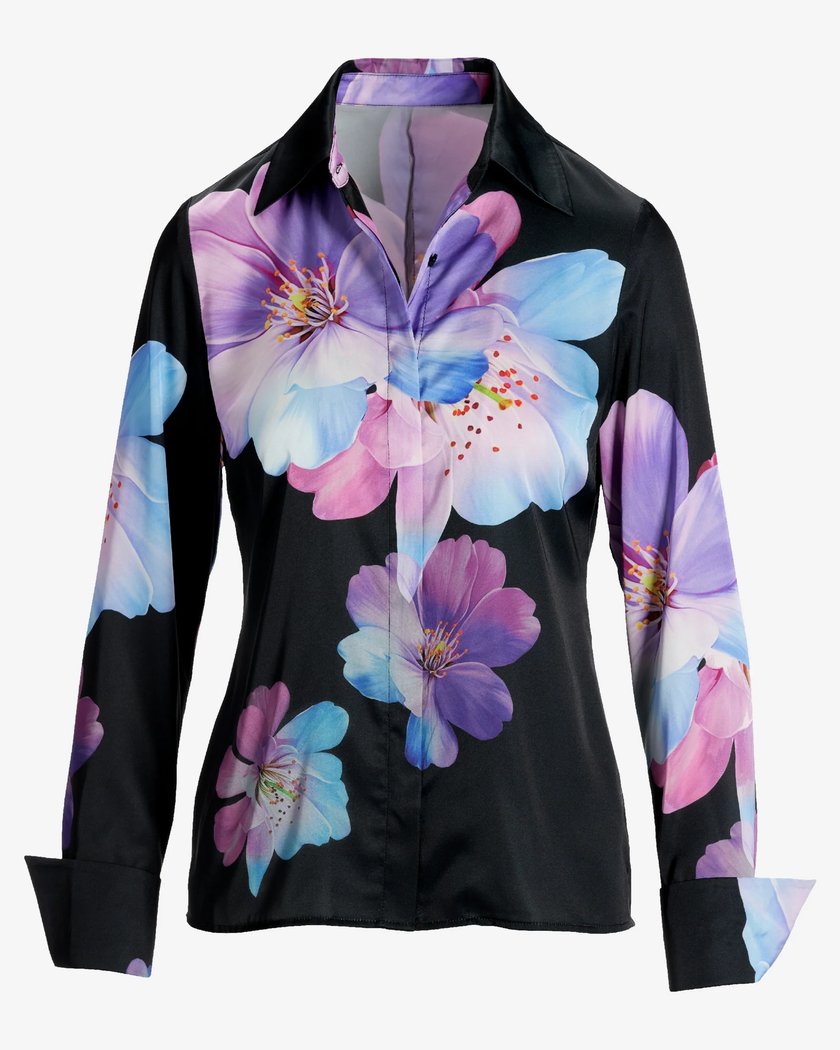 Bluebell Fleurs Print Sophia Button Up Charmeuse Blouse Purple - Futureuc