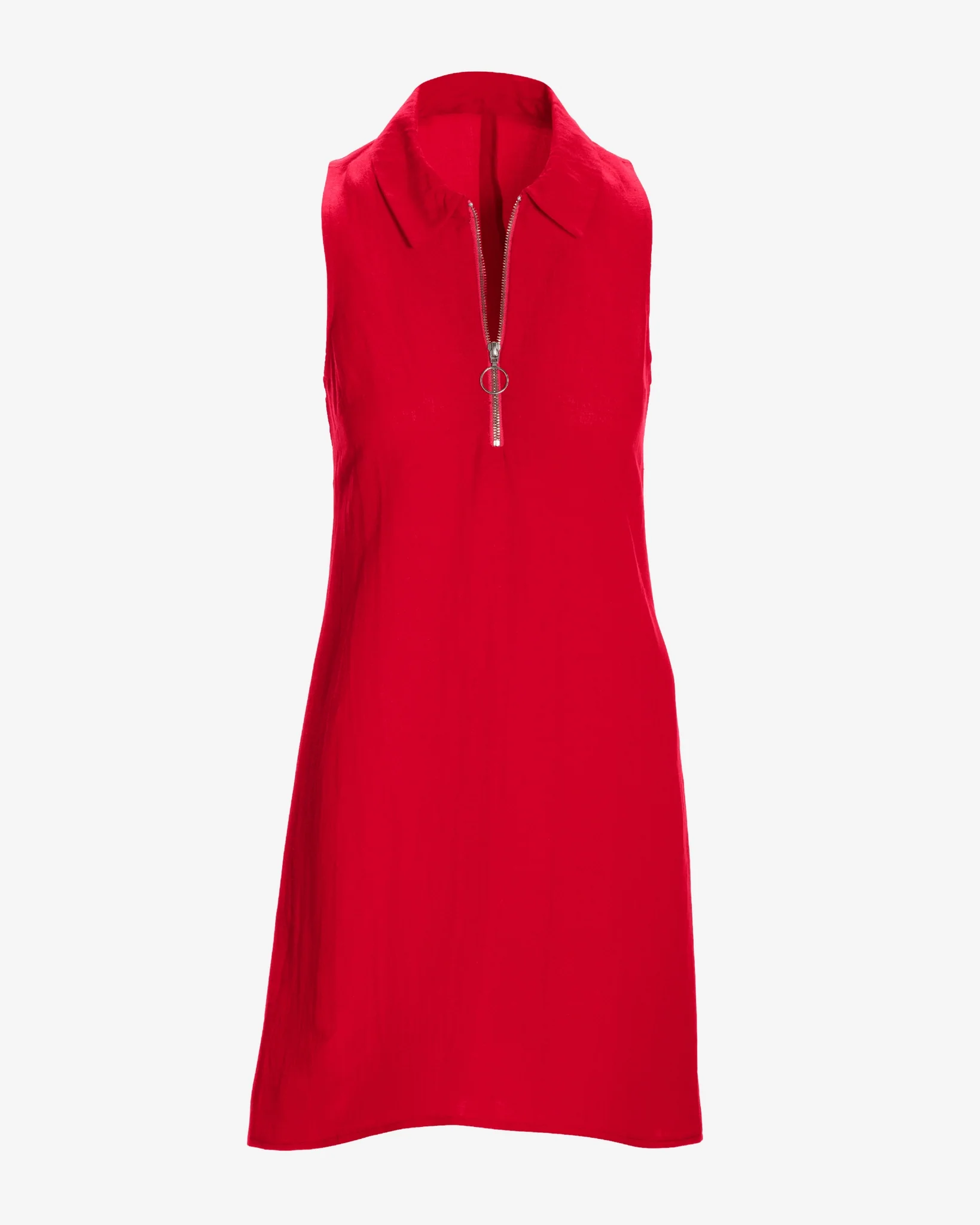Zip Detail Linen Collared Shift Dress True Red - Futureuc