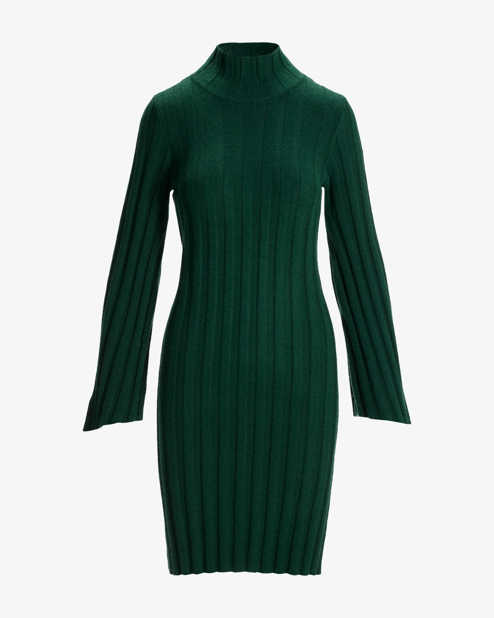 Turtleneck Bell Sleeve Wide Rib Sweater Dress Deep Emerald - Futureuc