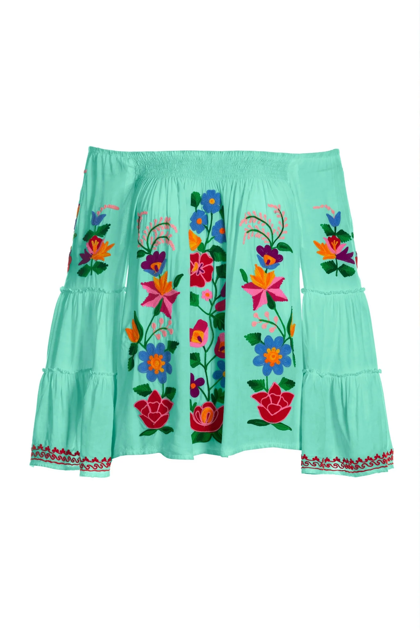 Bright Floral Embroidered Tiered Sleeve Off The Shoulder Blouse Mint Multi - Futureuc