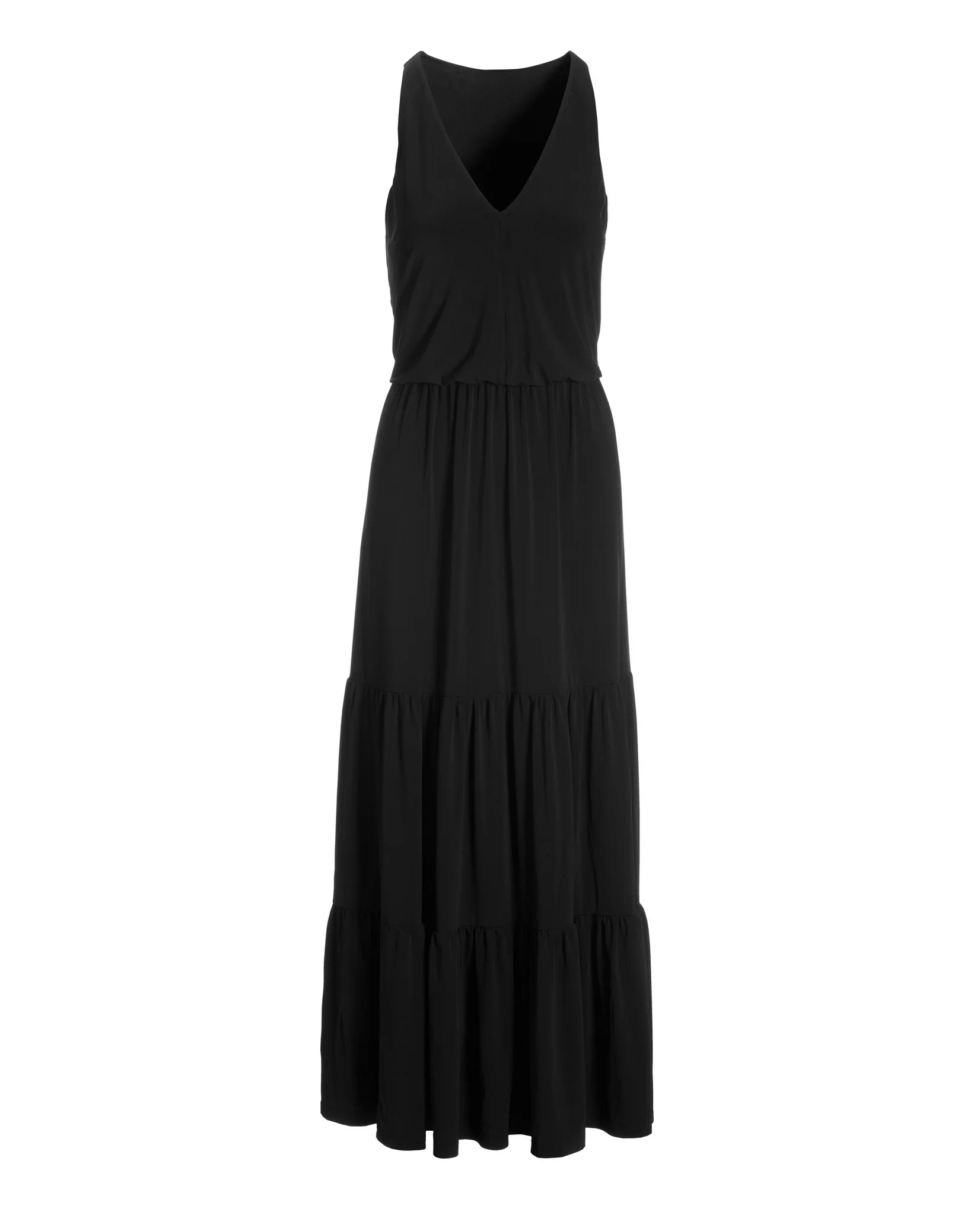 V Neck Blouson Tiered Knit Maxi Dress Black - Futureuc
