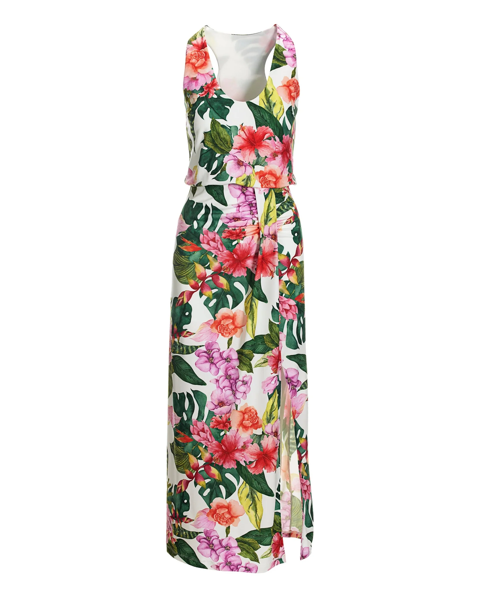 Tropical Oasis Print Blouson Slit Ankle-Length Dress Pink/Green - Futureuc