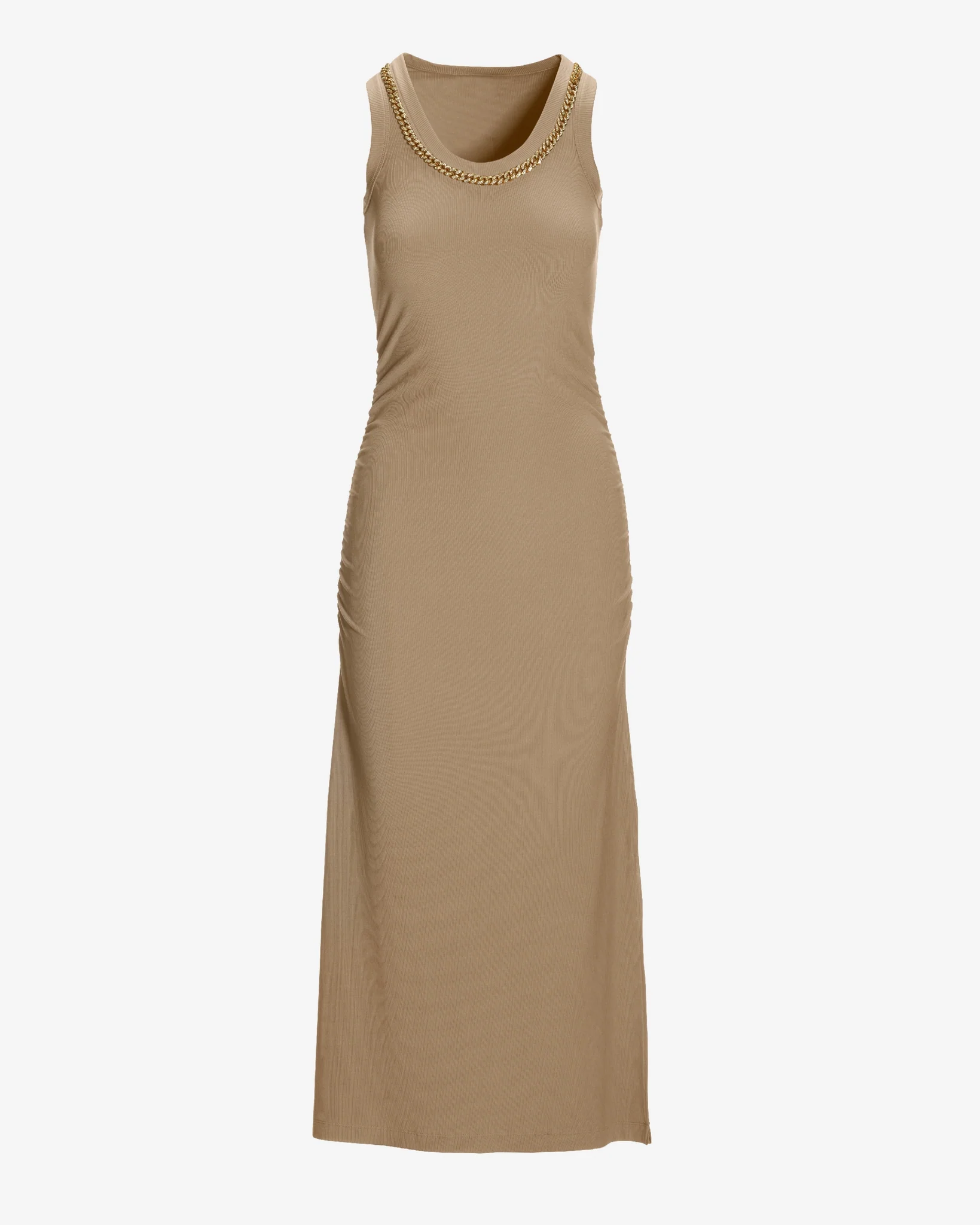 Chain Detail Scoop Neck Ribbed Midi Dress Sesame - Futureuc