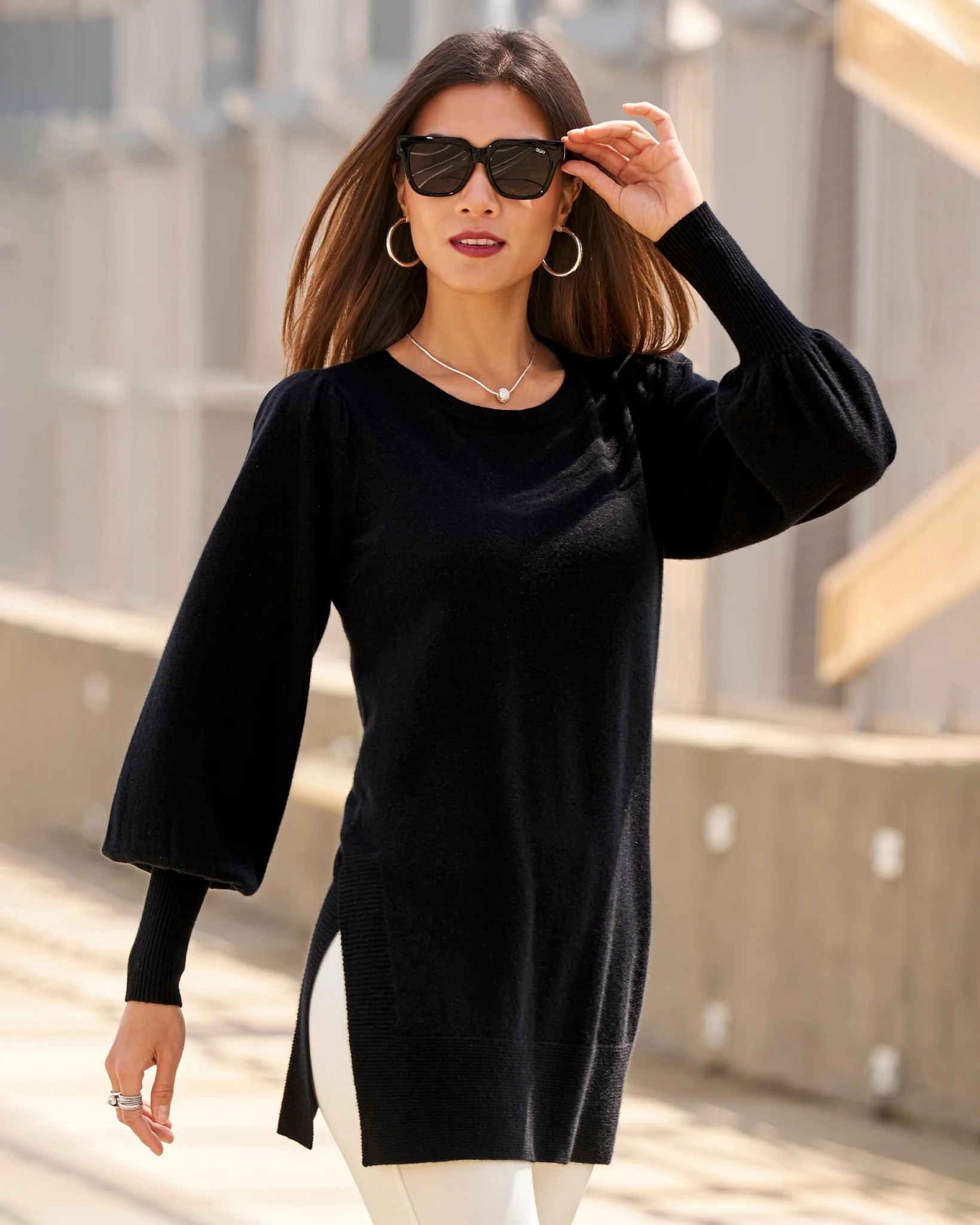 Cashmere Puff Sleeve Sweater Tunic Black - Futureuc