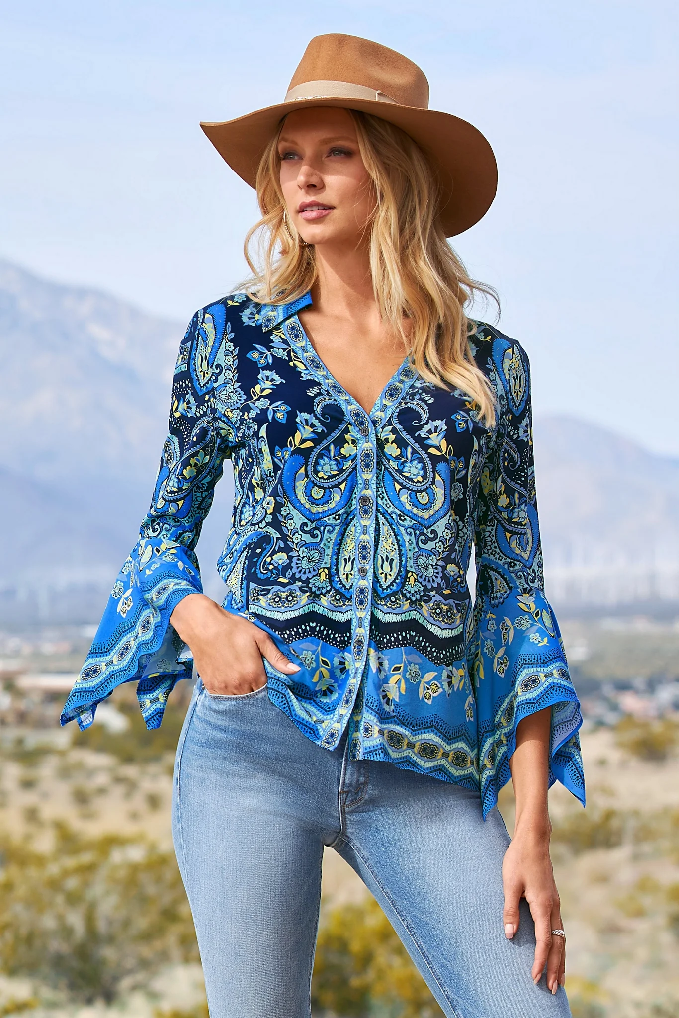 Border Print Flare Sleeve Shirt Blue - Futureuc