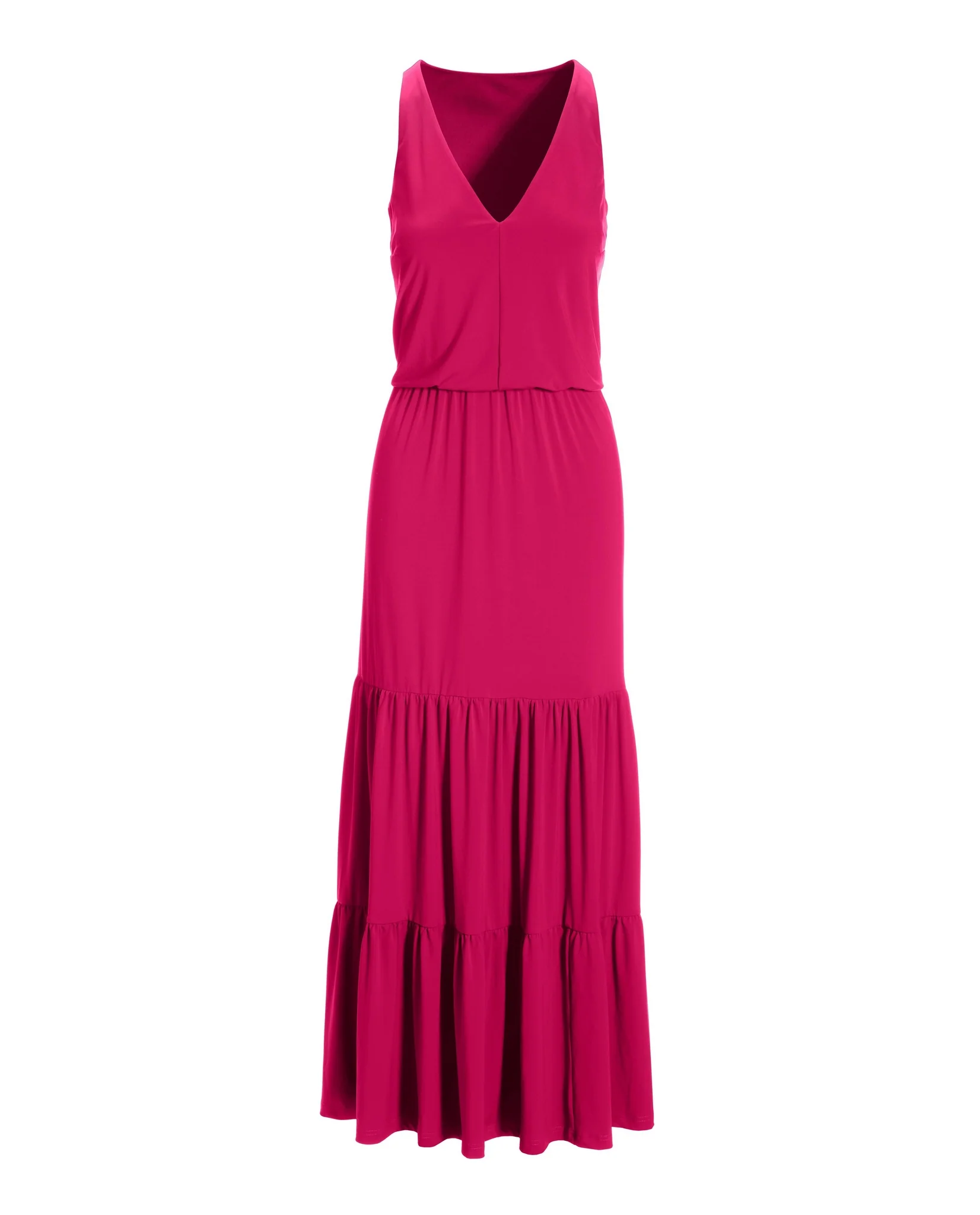 V Neck Blouson Tiered Knit Maxi Dress Raspberry - Futureuc