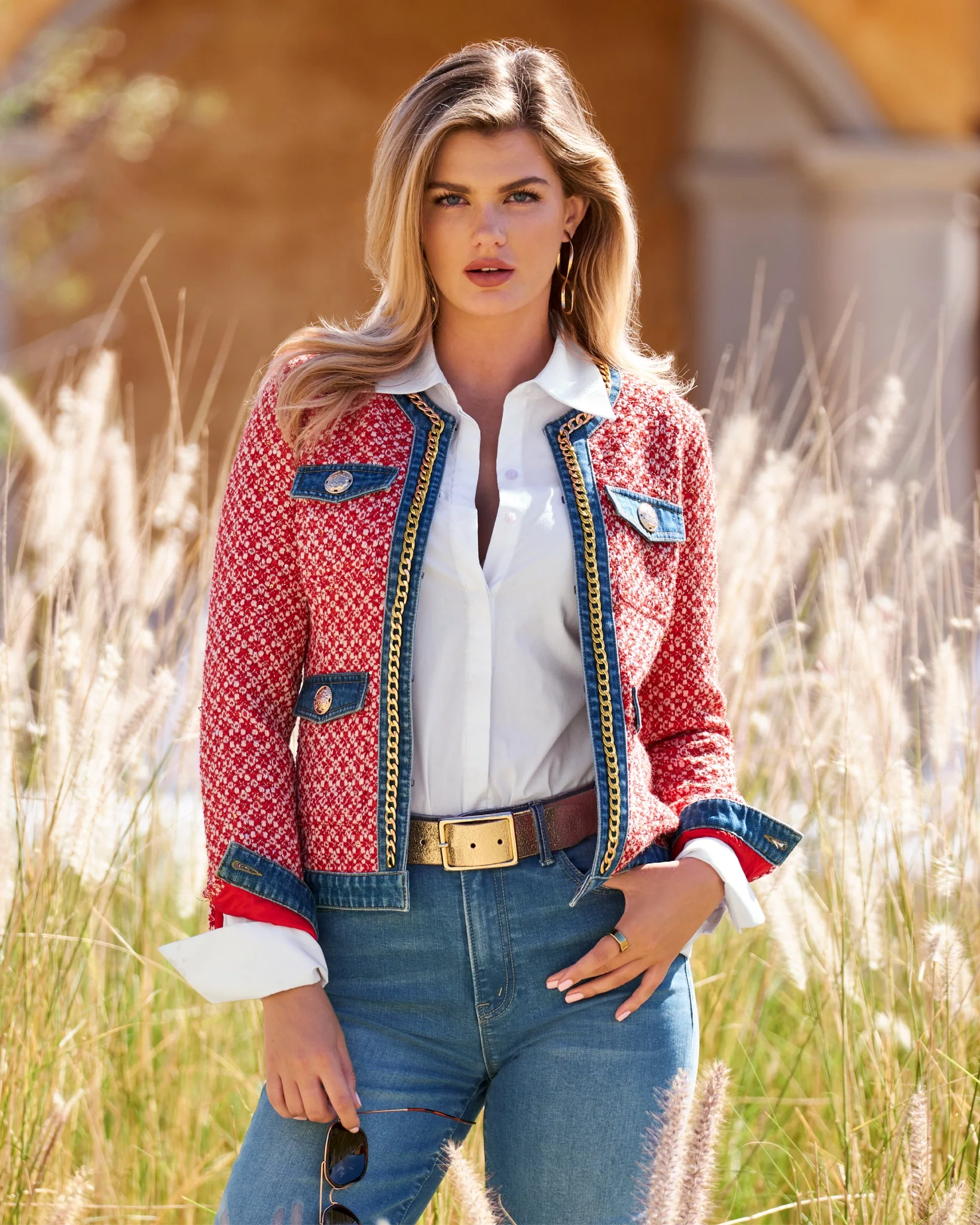 Tweed Denim and Chain Trim Jacket Red Multi - Futureuc