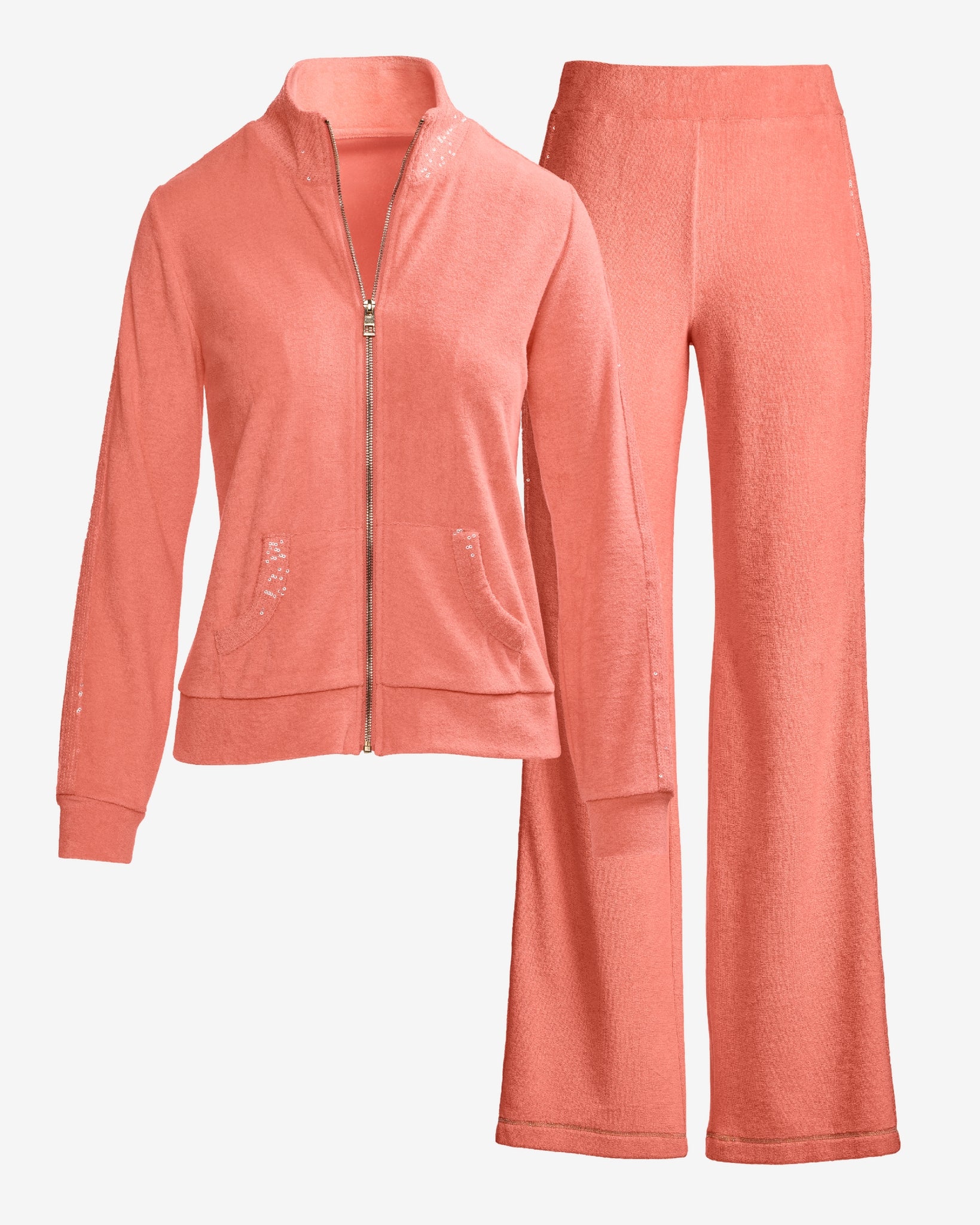 Beach Terry Sequin Trim Jacket and Pant Set Shell Pink - Futureuc