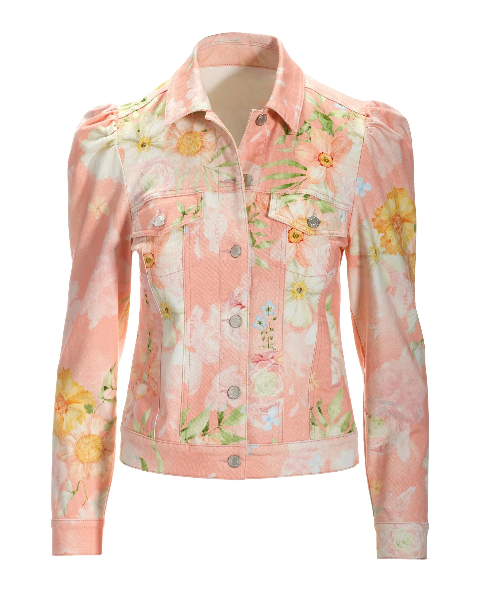 Vintage Blooms Print Puff-Sleeve Denim Jacket Pink - Futureuc