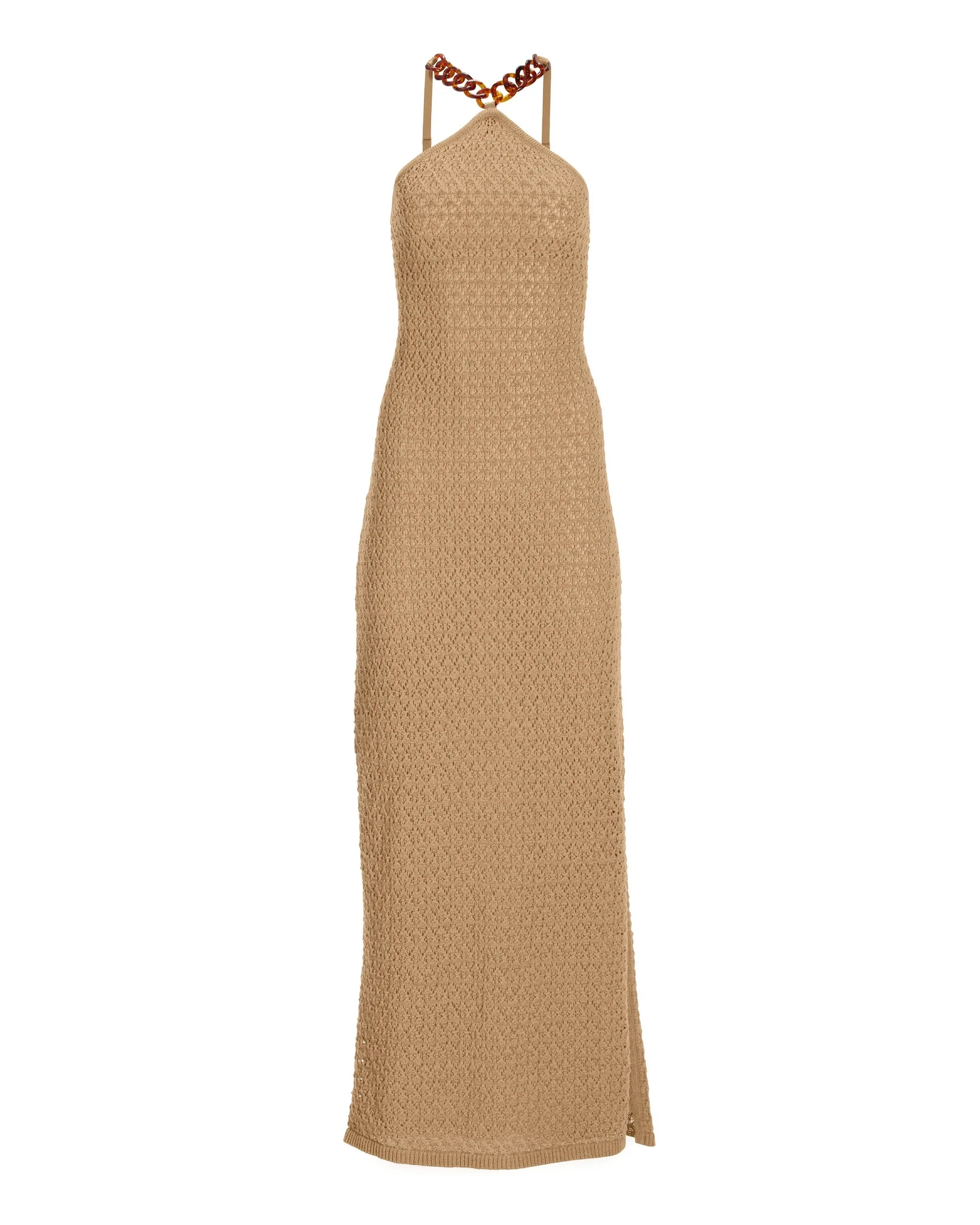 Chain Detail Crochet Halter Maxi Dress Tan - Futureuc