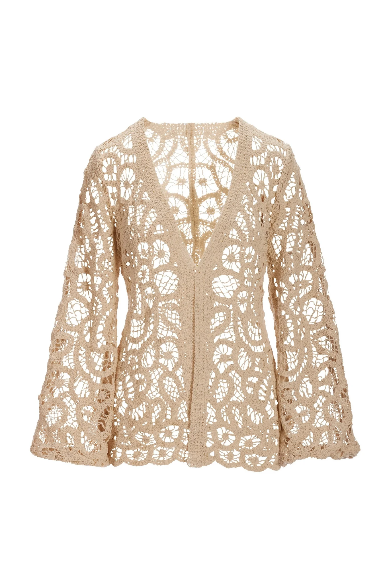 Transitional Balloon Sleeve Crochet Hip Length Duster Tan - Futureuc