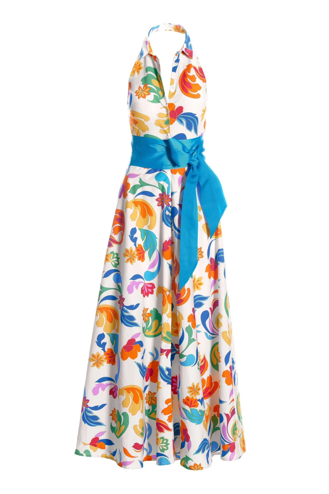 Bright Print Halter Belted Maxi Shirt Dress Multi - Futureuc