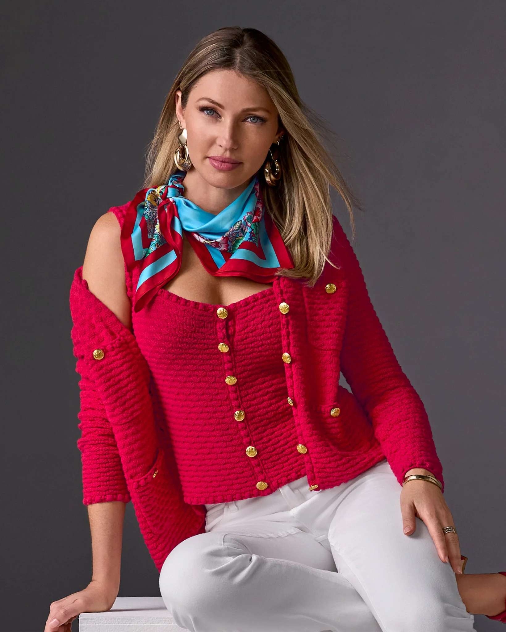 Button Detail Pocket Sweater Cardigan True Red - Futureuc