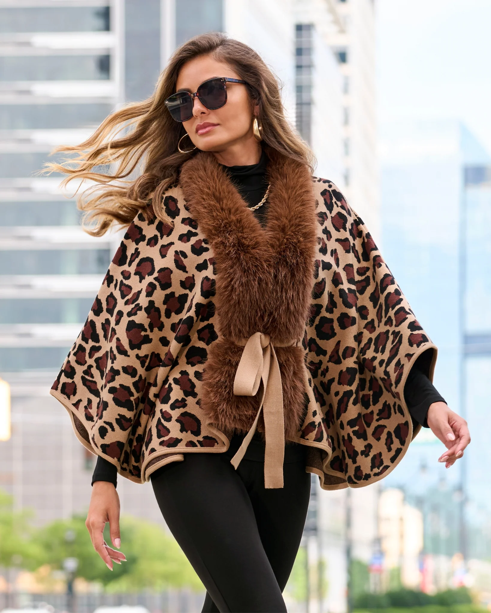 Animal Faux Fur Tie Waist Sweater Poncho Brown Multi - Futureuc