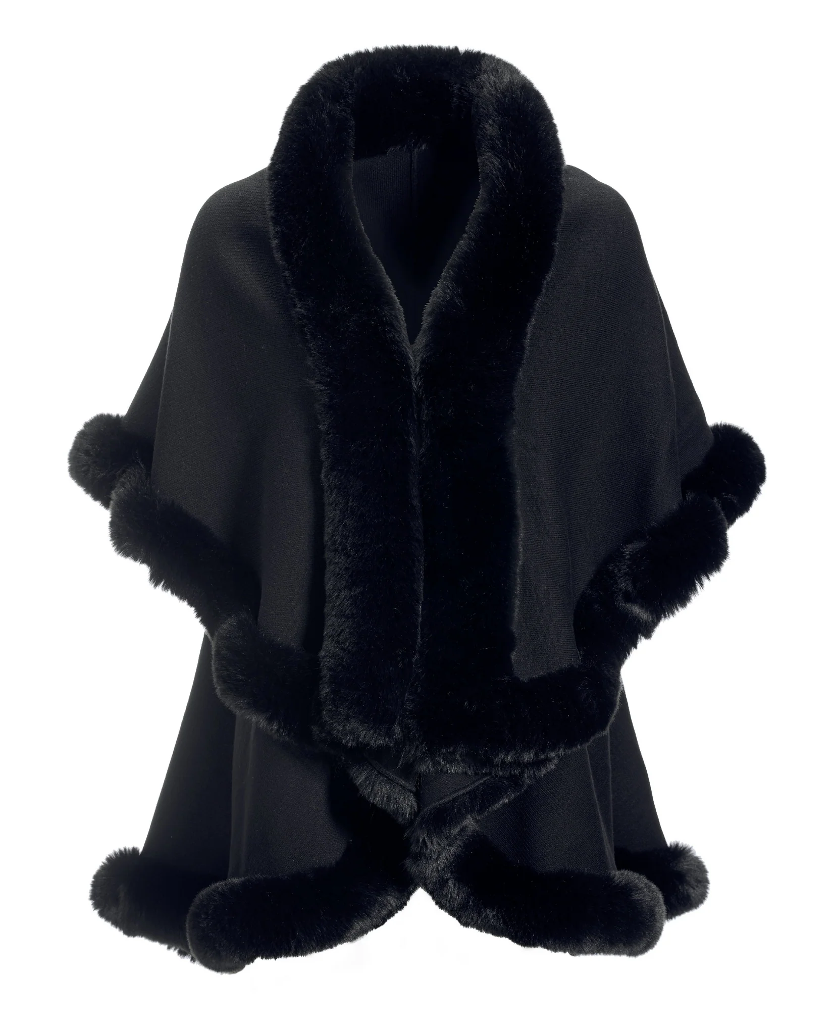 Tiered Faux Fur Trim Poncho Black - Futureuc