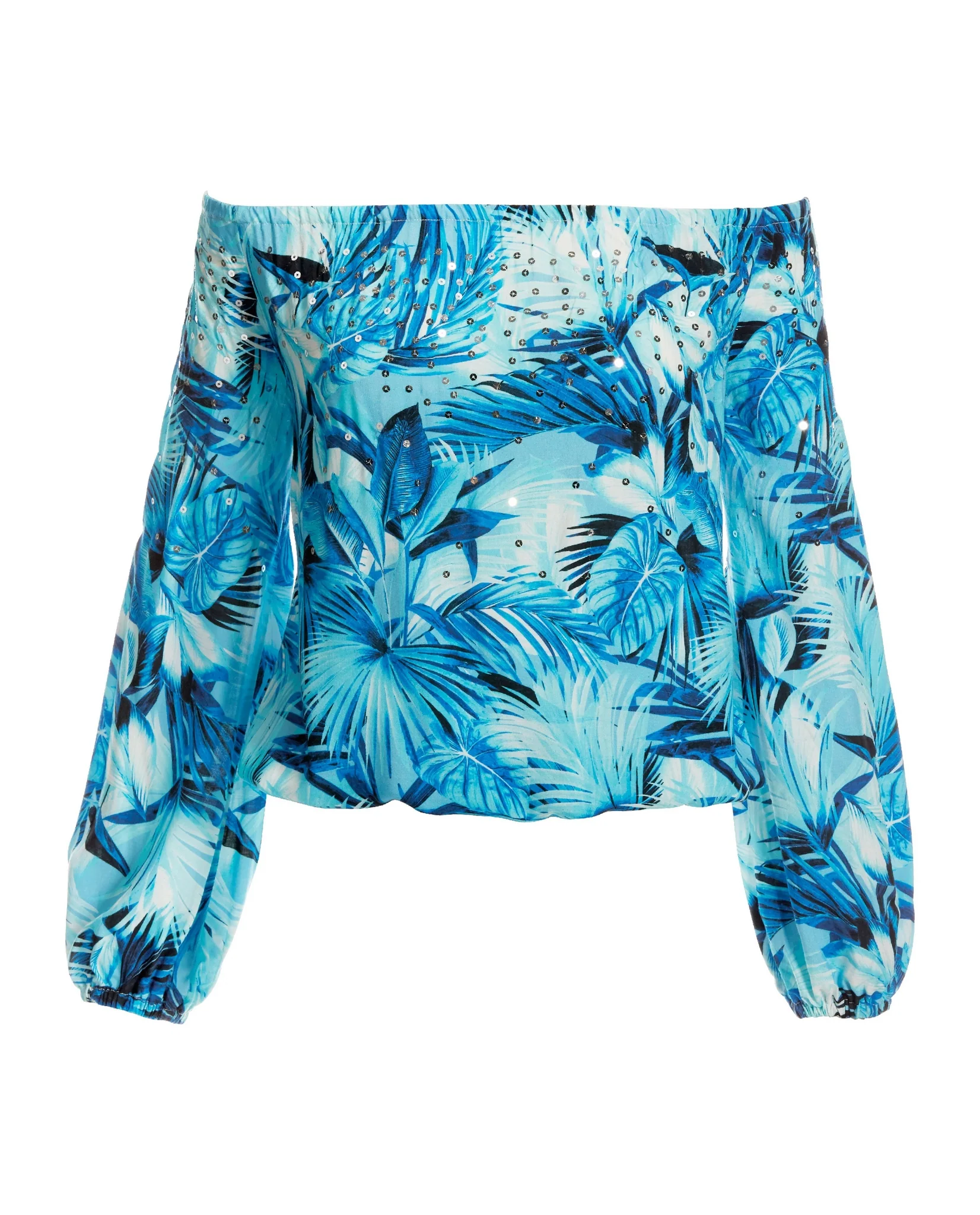 Tropics Palm Print Embellished Off The Shoulder Top Blue - Futureuc