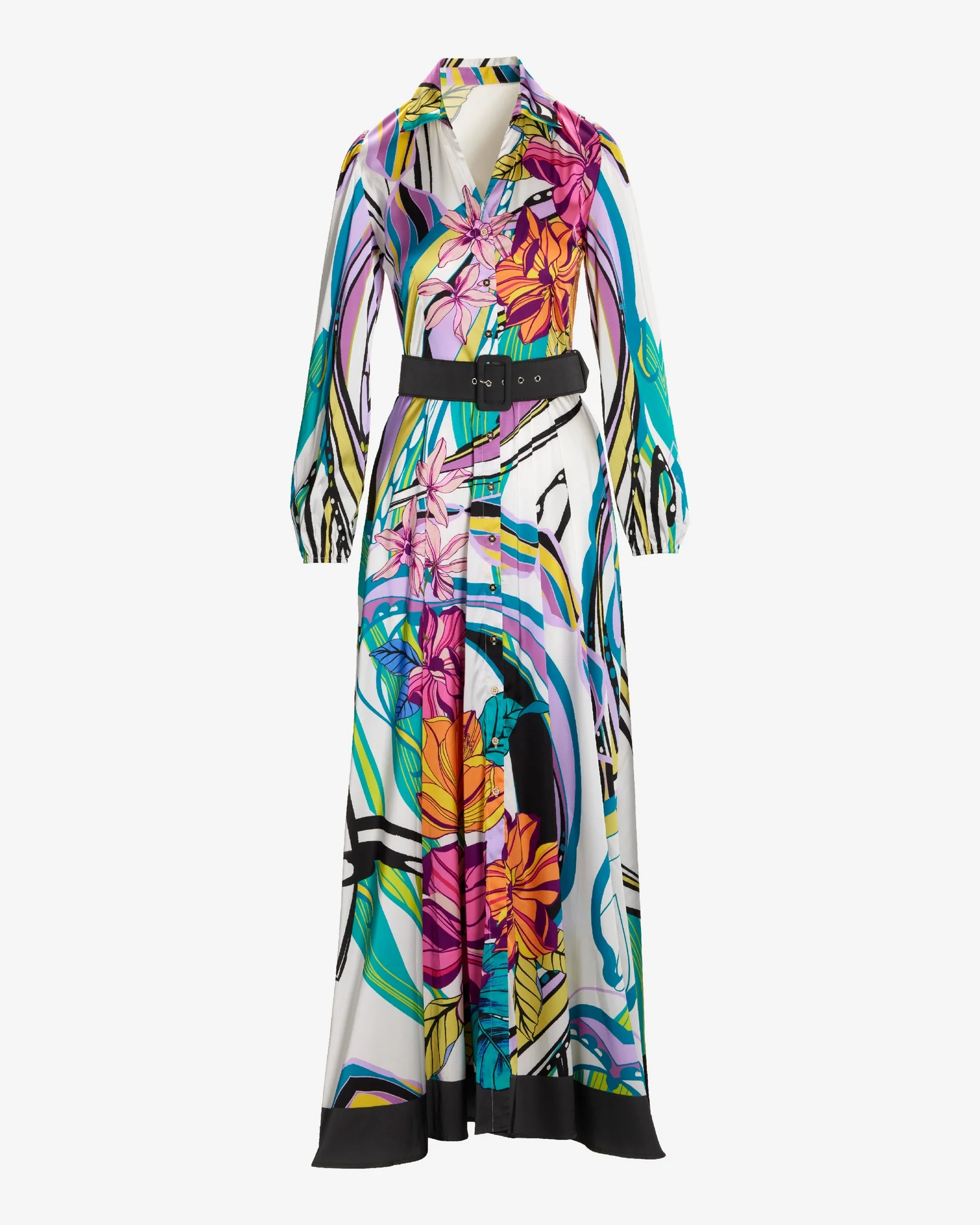Venice Abstract Print Charmeuse Belted Maxi Shirt Dress Venice Abstract - Futureuc