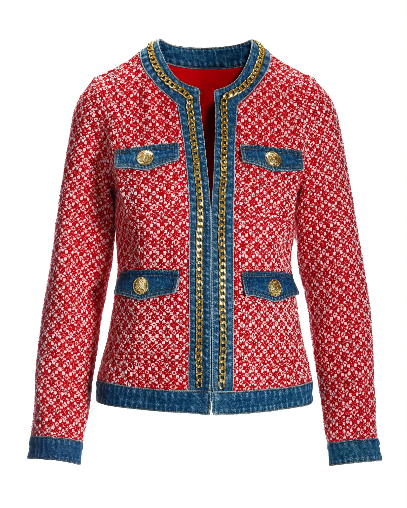 Tweed Denim and Chain Trim Jacket Red Multi - Futureuc