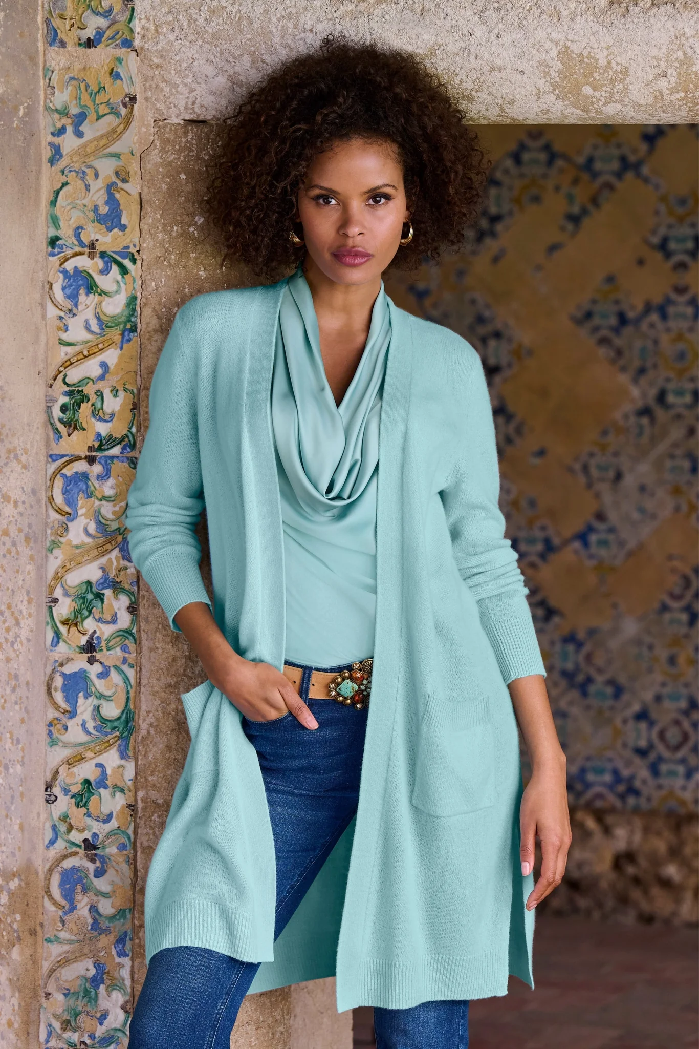 Cashmere Long Cardigan Aqua - Futureuc